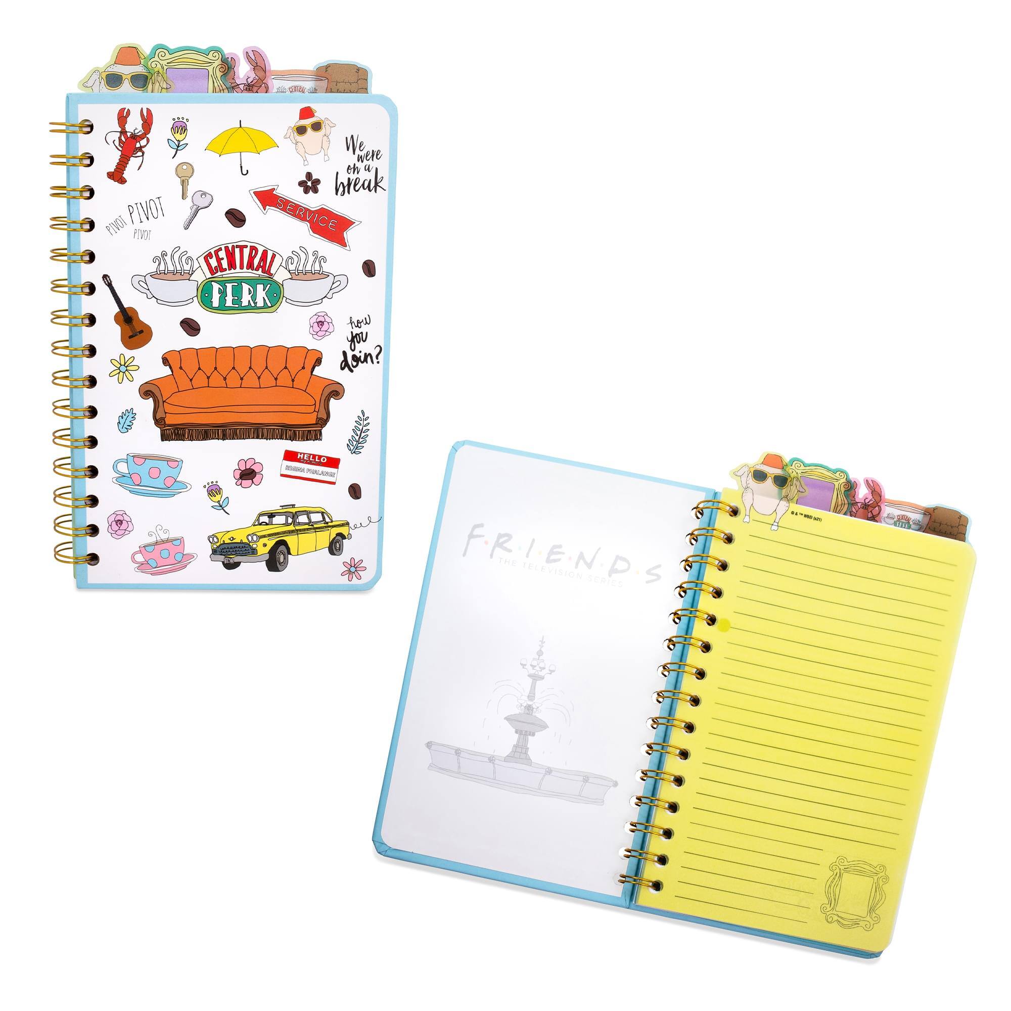 Sure, here is the corrected and grouped text from the image:

---

**Left Notebook:**

- We're on a break
- FIVE PIVOT SERVICE
- CENTRAL PERK
- How you doin'?
- FRIENDS
- THE ONE WITH THE FIELD TRIP
- FRIENDS

**Right Notebook:**

- FRIENDS
- THE ONE WITH THE FIELD TRIP

---