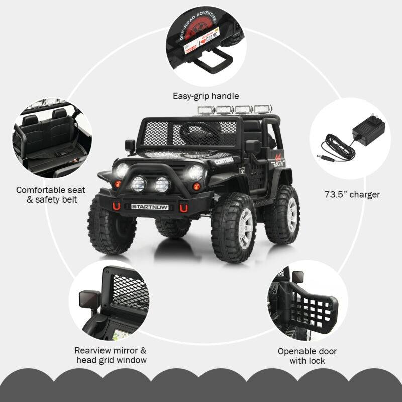 The text on the image is grouped and corrected as follows:

1. Adventure off-road drive: Easy-grip handle
2. Comfortable seat & safety belt
3. Rearview mirror & head grid window
4. Openable door with lock
5. 73.5" charger

The text is organized in a way that highlights the main features and benefits of the off-road vehicle.