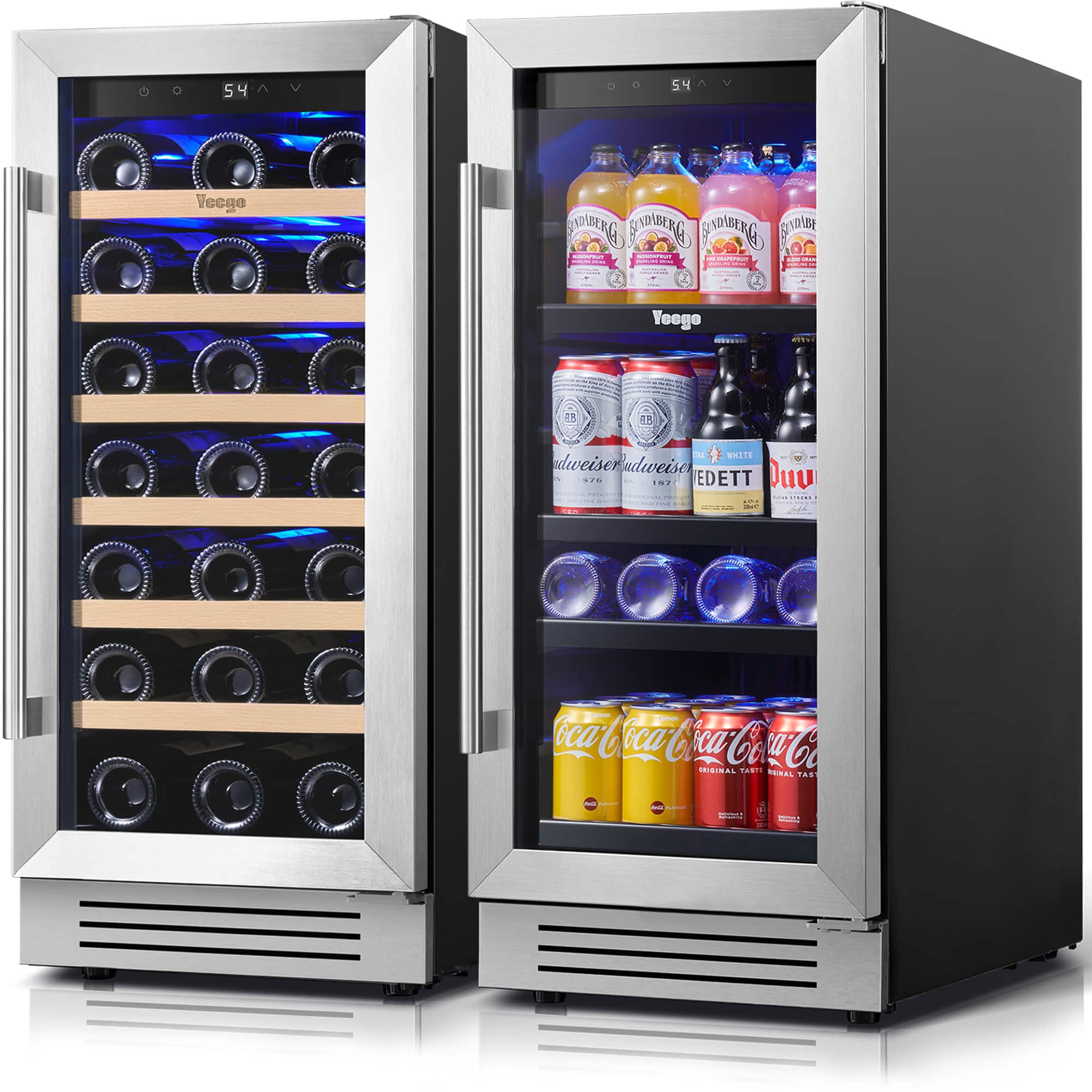 Yeego - Wine and Beverage Refrigerator,Two 15" Wine and Beverage Cooler Under Counter or Freestanding, Hold 33 Bottles and 80 Ca - Silver