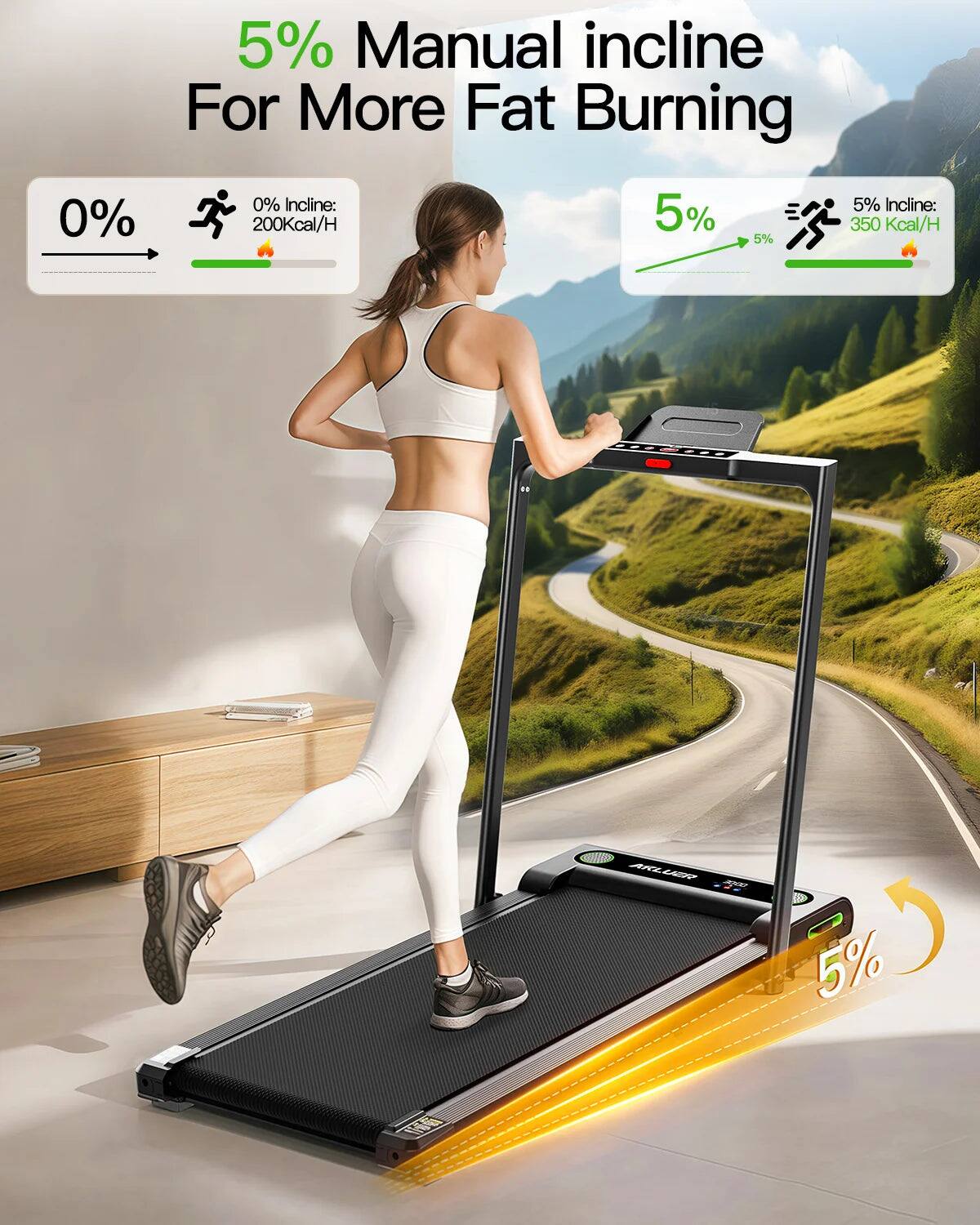 0% Manual incline for more fat burning
5% Incline: 200Kcal/H
5% Incline: 350Kcal/H
5% Incline: 500Kcal/H
5% Incline: 700Kcal/H
5% Incline: 900Kcal/H
