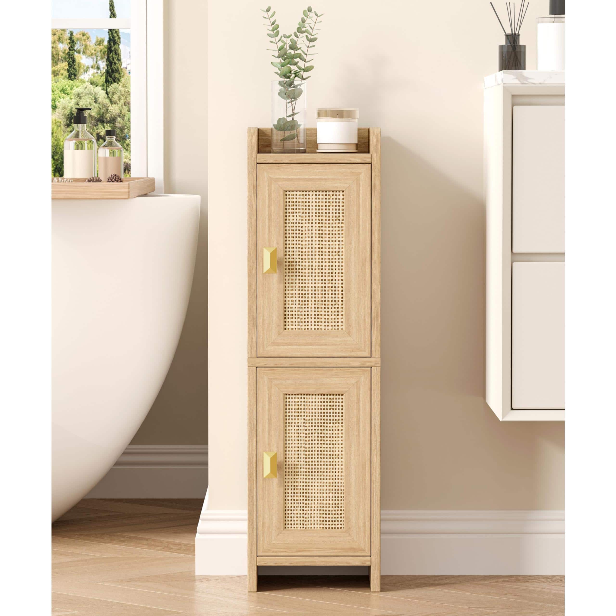 Hirose Alice - Rattan Small Cabinet With 2 Doors Narrow Toilet Paper Storage Organizer For Spaces en Slim Corner Floor Unit Shelves - 7.9"D x 7.9"W x 27.6"H