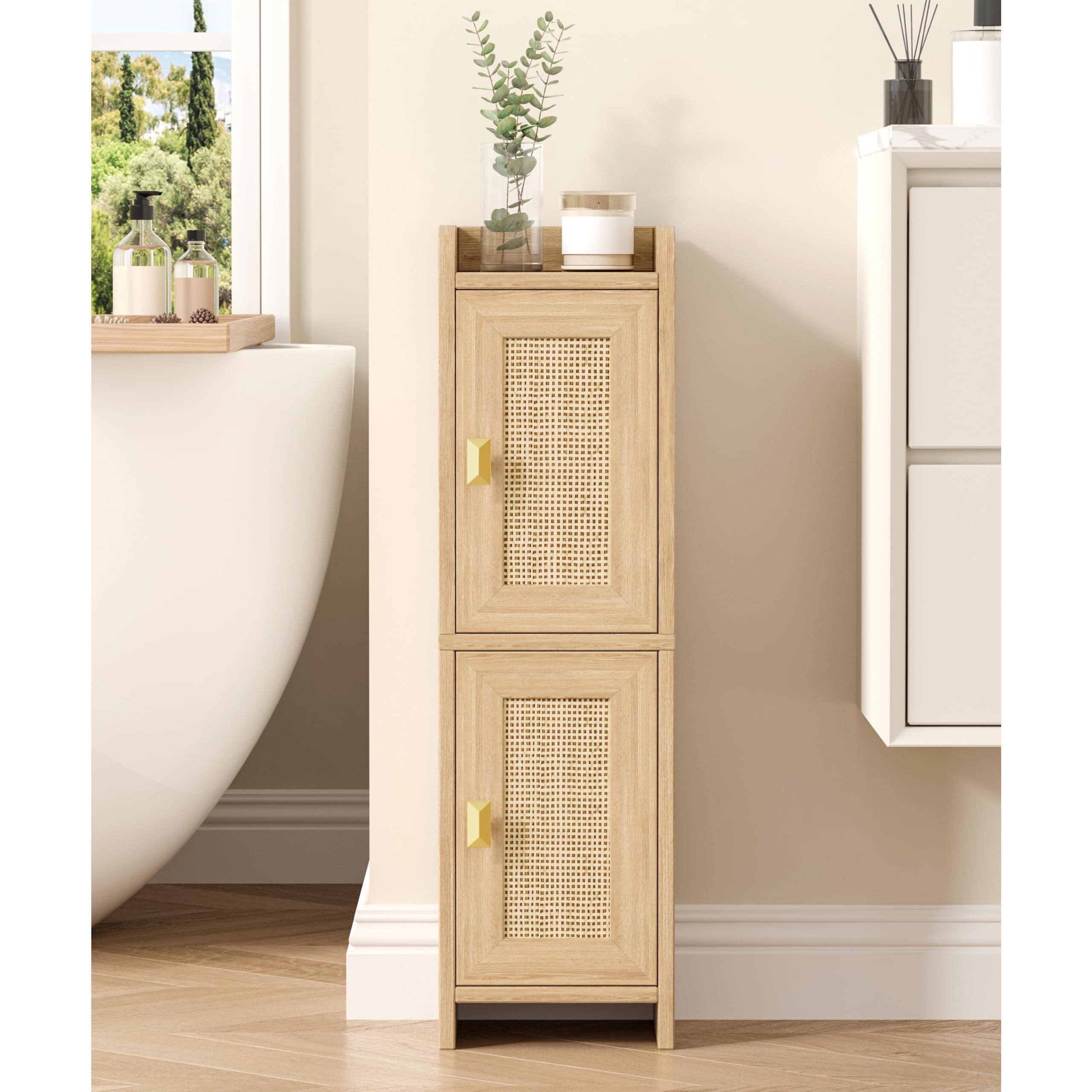 Hirose Alice - Rattan Small Cabinet With 2 Doors Narrow Toilet Paper Storage Organizer For Spaces en Slim Corner Floor Unit Shelves - 7.9"D x 7.9"W x 27.6"H
