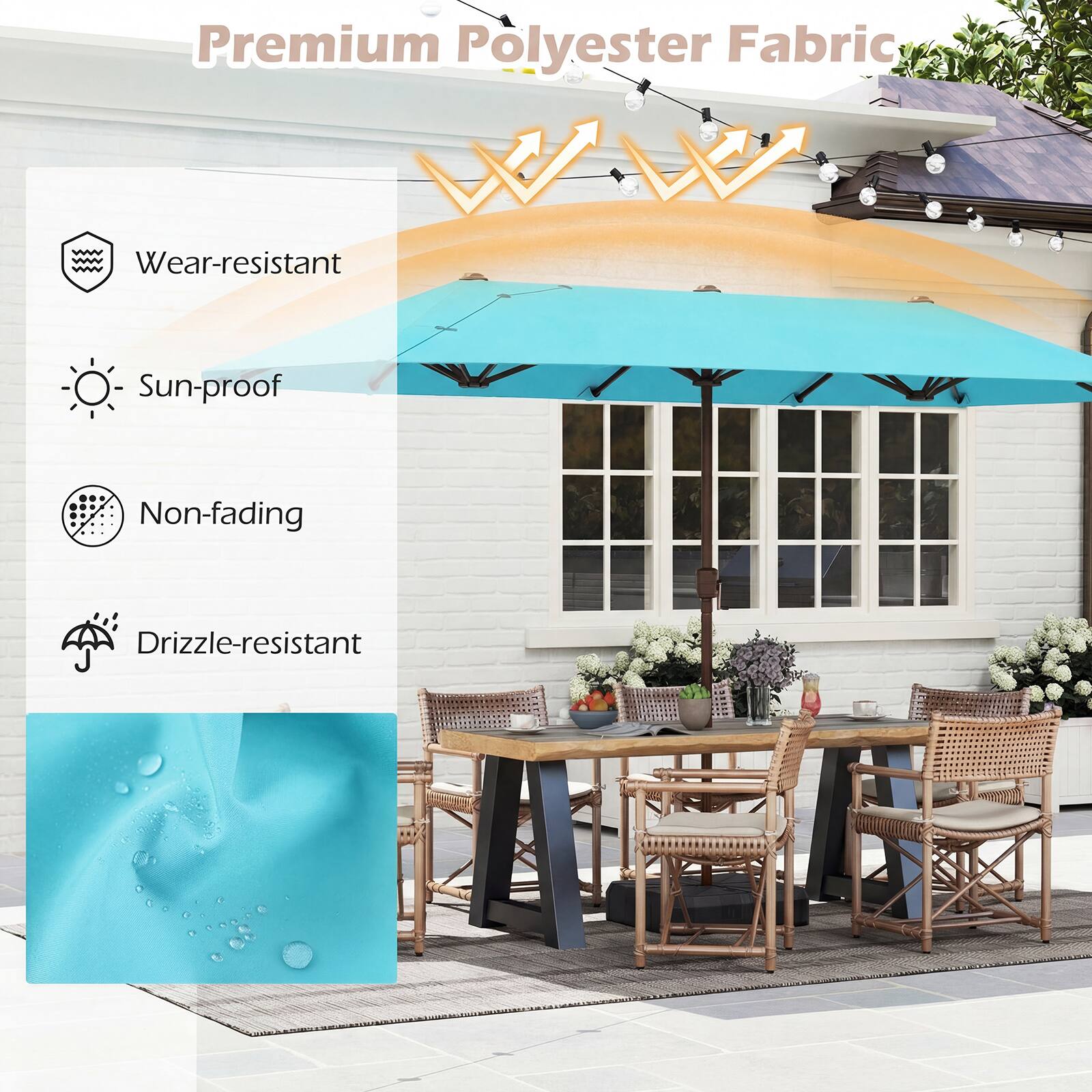 Premium Polyester Fabric

- Wear-resistant
- Sun-proof
- Non-fading
- Drizzle-resistant