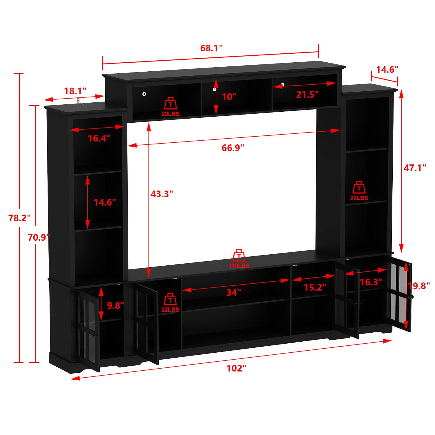 The image shows a large black entertainment center with a television screen. The television is 68.1 inches wide, 14.6 inches tall, and 18.1 inches deep. The entertainment center is made of wood and weighs 22 pounds. The television is mounted on a wall, and the entertainment center has a total height of 70.9 inches. The television is also accompanied by a speaker, which is 34 inches wide, 15.2 inches tall, and 16.3 inches deep. The speaker weighs 9.8 pounds.