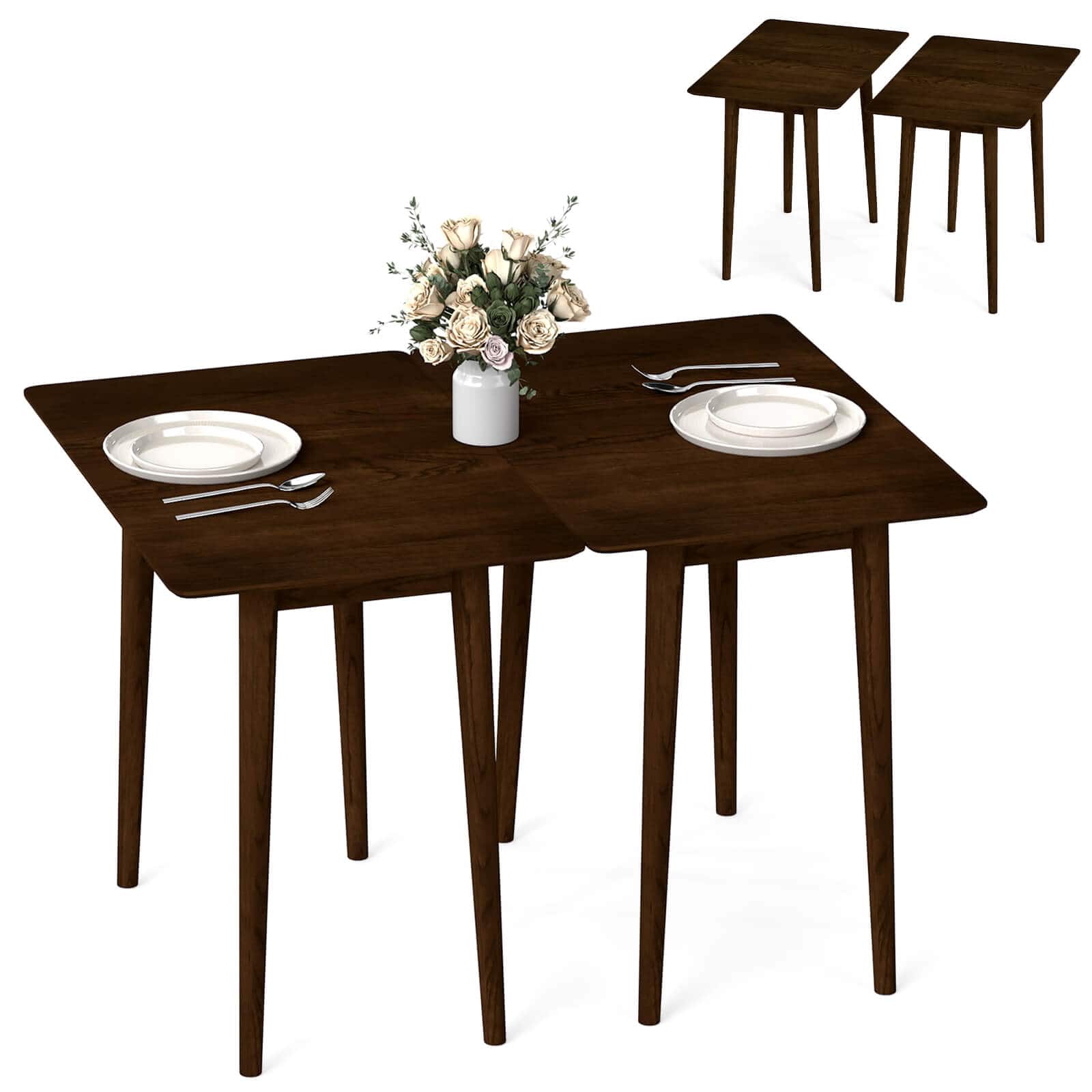 Costway - Extendable Dining Table Set with 2 Rectangular Tables for 4-6 People, Space-saving - Walnut
