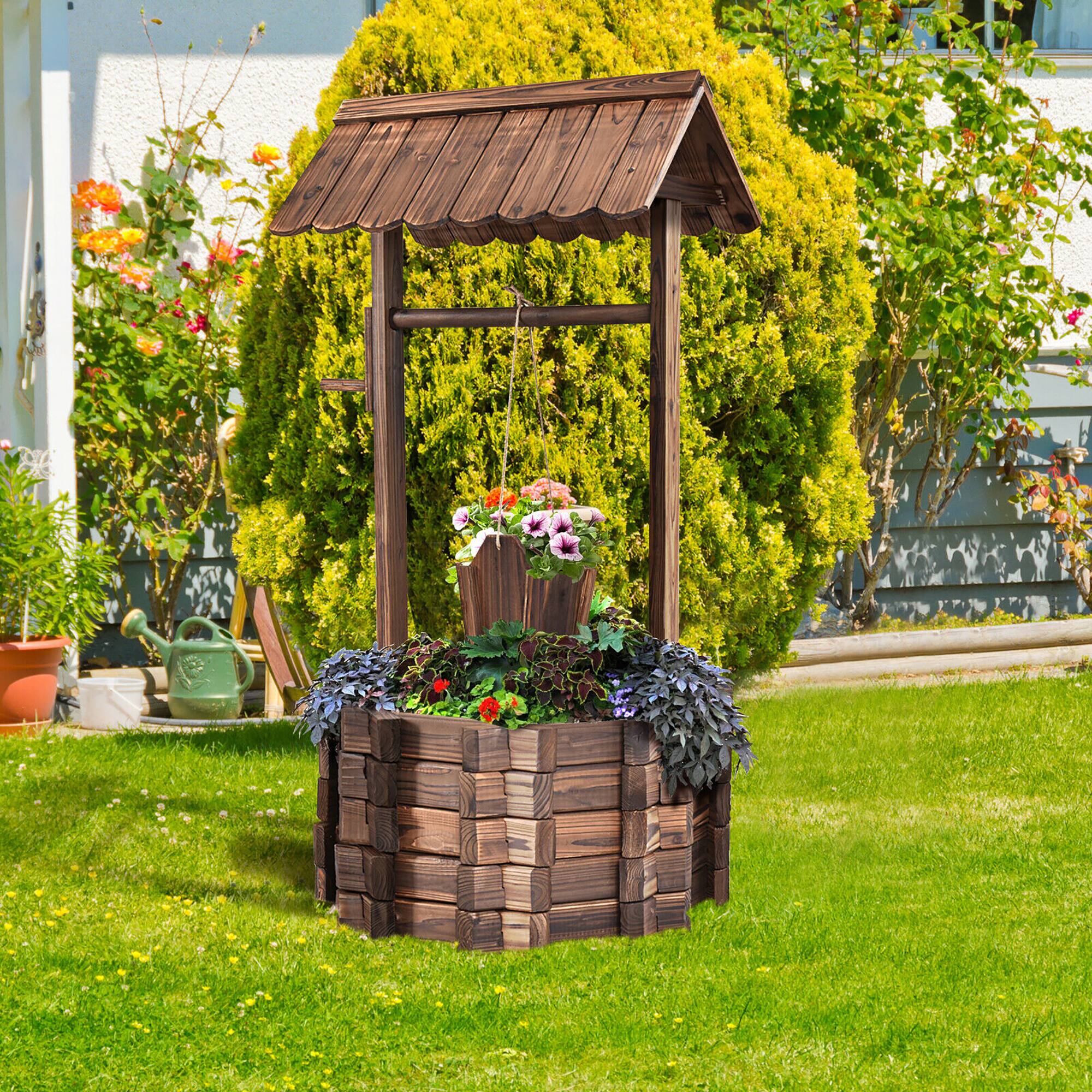 Alt View 9. Costway - Outdoor Wooden Wishing Well Bucket Flower Plants Planter Patio Garden Home Decor - Brown.