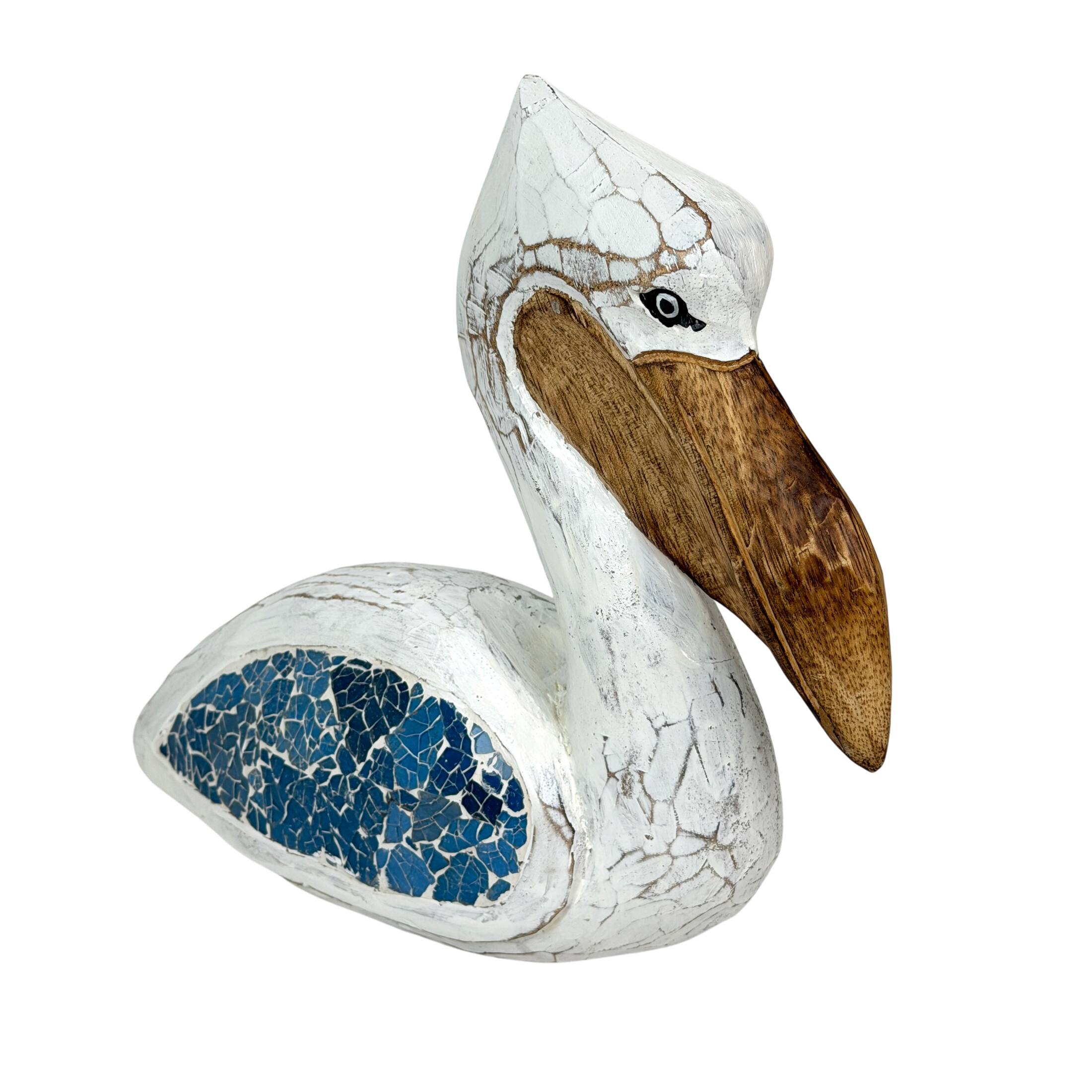 Front. Chesapeake Bay - Coastal Pelican Decorative Statue Blue Mosaic Glass Wood 12.25 Inch Wide - Blue.