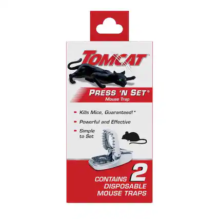 TOMCAT PRESS 'N SET Mouse Trap
Kills Mice, Guaranteed!*
Powerful and Effective
Simple to Set
CONTAINS 2 DISPOSABLE MOUSE TRAPS
