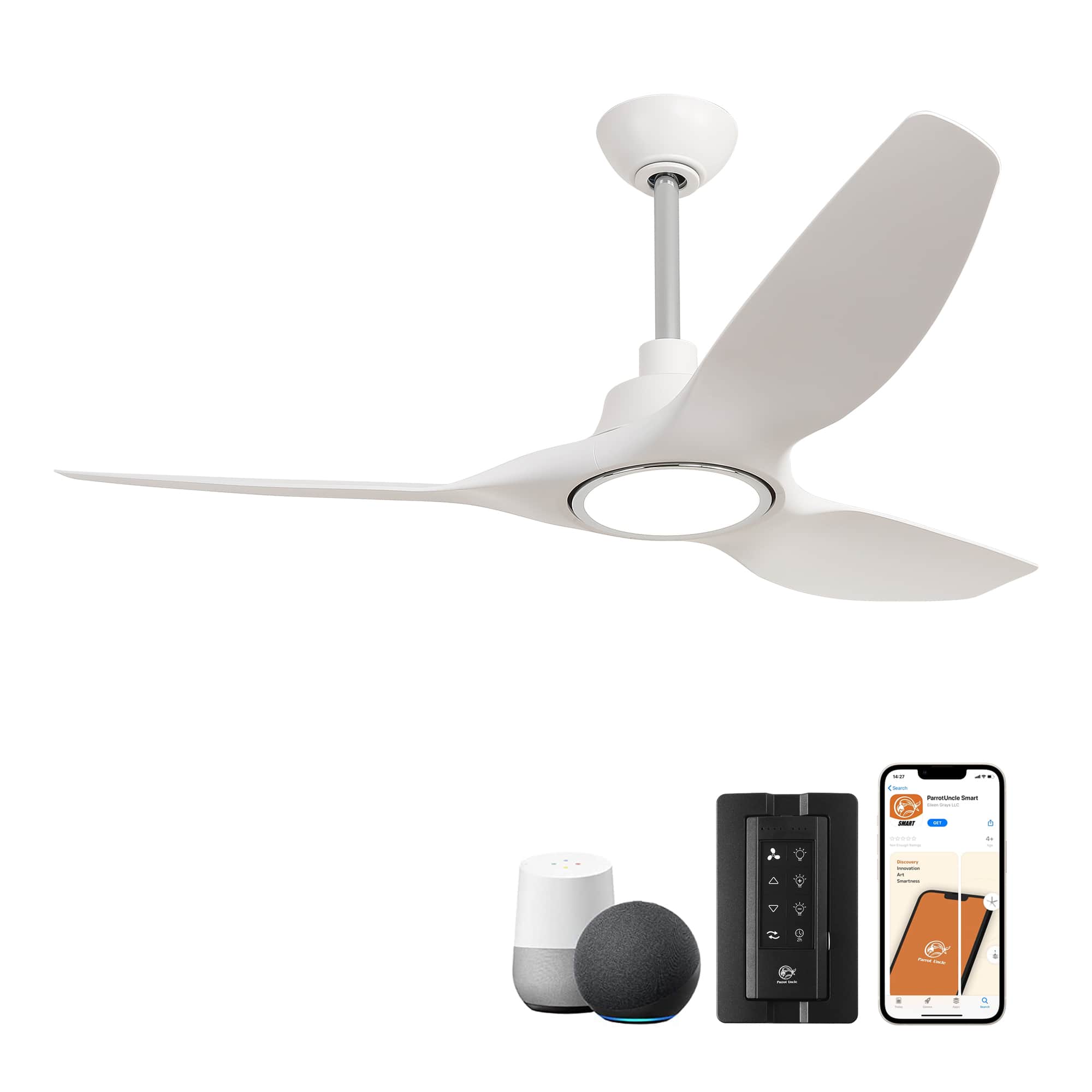 Front. Parrot Uncle - 52" Modern White Propeller Smart Ceiling Fan with Light and Remote, App Control, Voice Control - White.