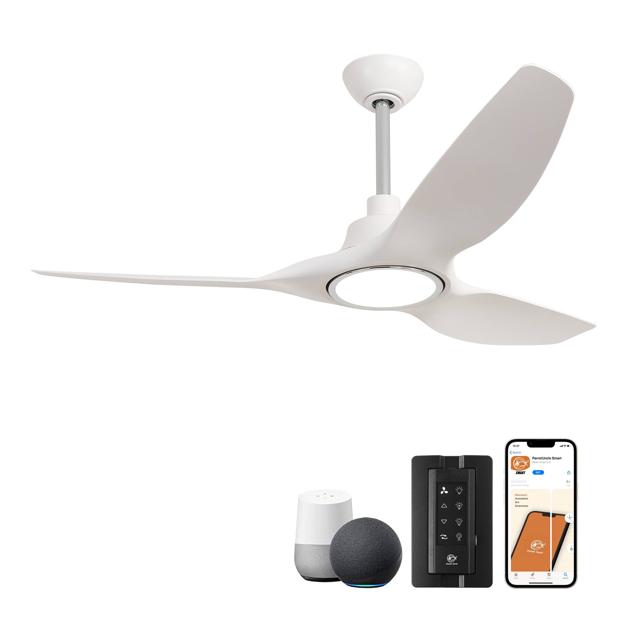 Front. Parrot Uncle - 52" Modern White Propeller Smart Ceiling Fan with Light and Remote, App Control, Voice Control - White.
