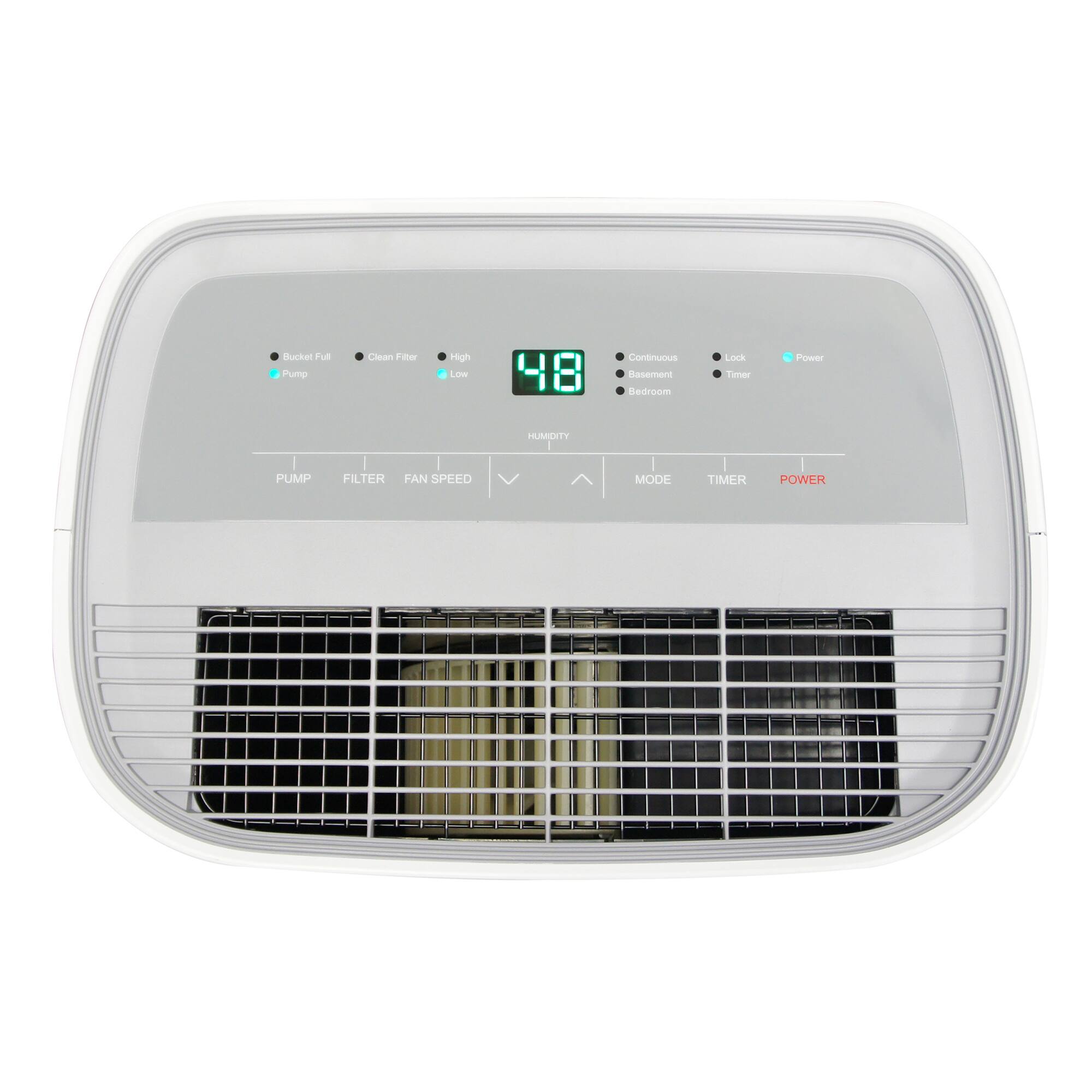 Bucket Full  
Pump  
Clean Filter  
High  
Low  

48  
HUMIDITY  

Continuous  
Basement  
Bedroom  
Timer  

Power  

PUMP  
FILTER  
FAN SPEED  
MODE  
TIMER  
POWER