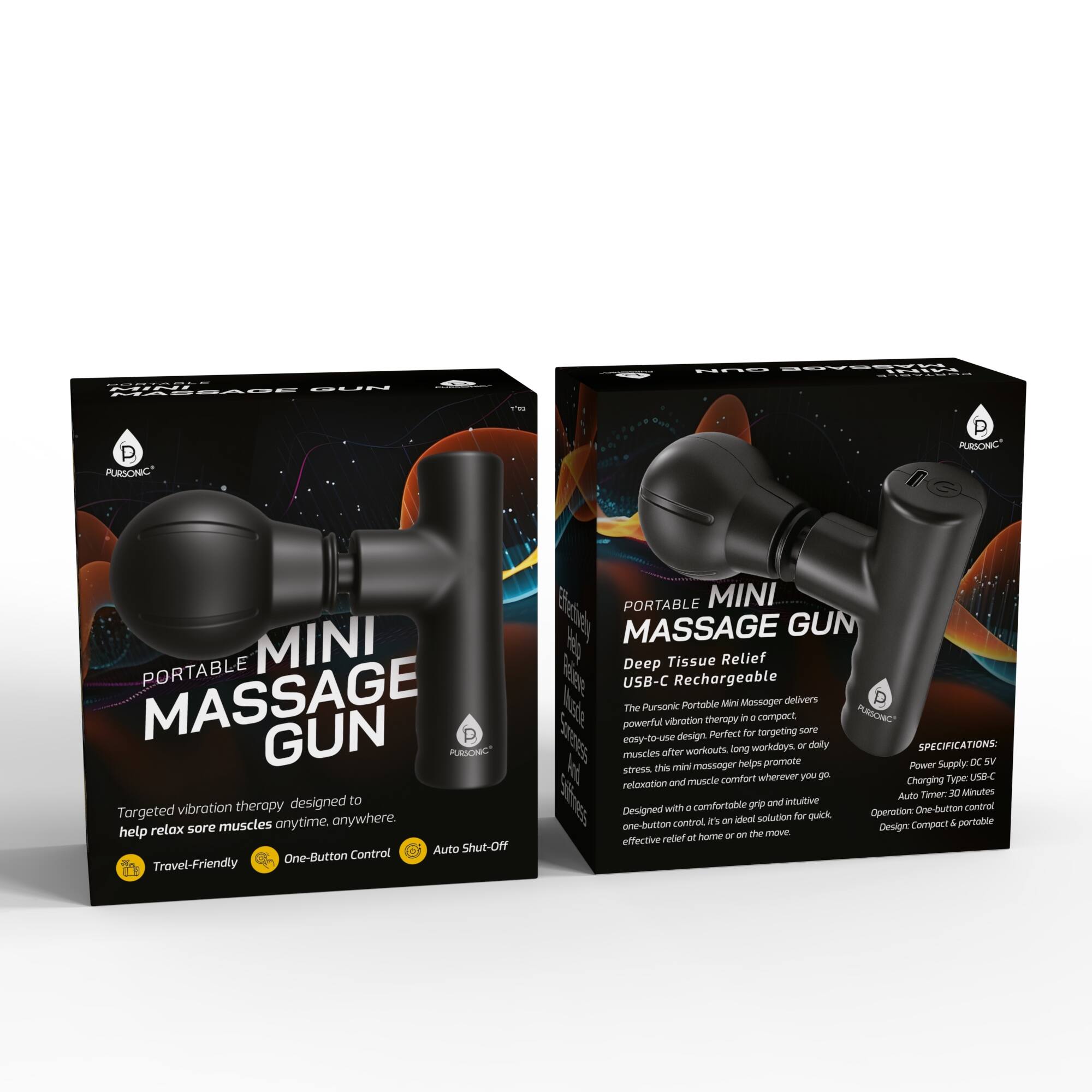 A -UN HPm OYESN aaaa P PURDONIC i P PURCONIC PORTABLE MINI MASSAGE GUN PURSONIC designed to Targeted vibration therapy muscles anytime, anywhere. help relax sore Control Auto Shut-Off One-Button Travel-Friendly PORTABLE MINI Fadel Hs MASSAGE GUN Deep Tissue Relief Ree USB-C Rechargeable Portable Mini Massager delivers powerful vibration therapy. The Pursonic vibration therapy i e compact PURSONIC Perfect for targeting sore muscles. This mini massager muscle comfort wherever you go. SPECIFICATIONS: Power Supply DC 5V Charging Type USB-C Auto Timer: 3 Minutes Operation: One-button control Design Compact & portable One-button control ael solution Agr quick Operation: control a - & portable one-lutton Design Compact hame b on the move effective relief ot