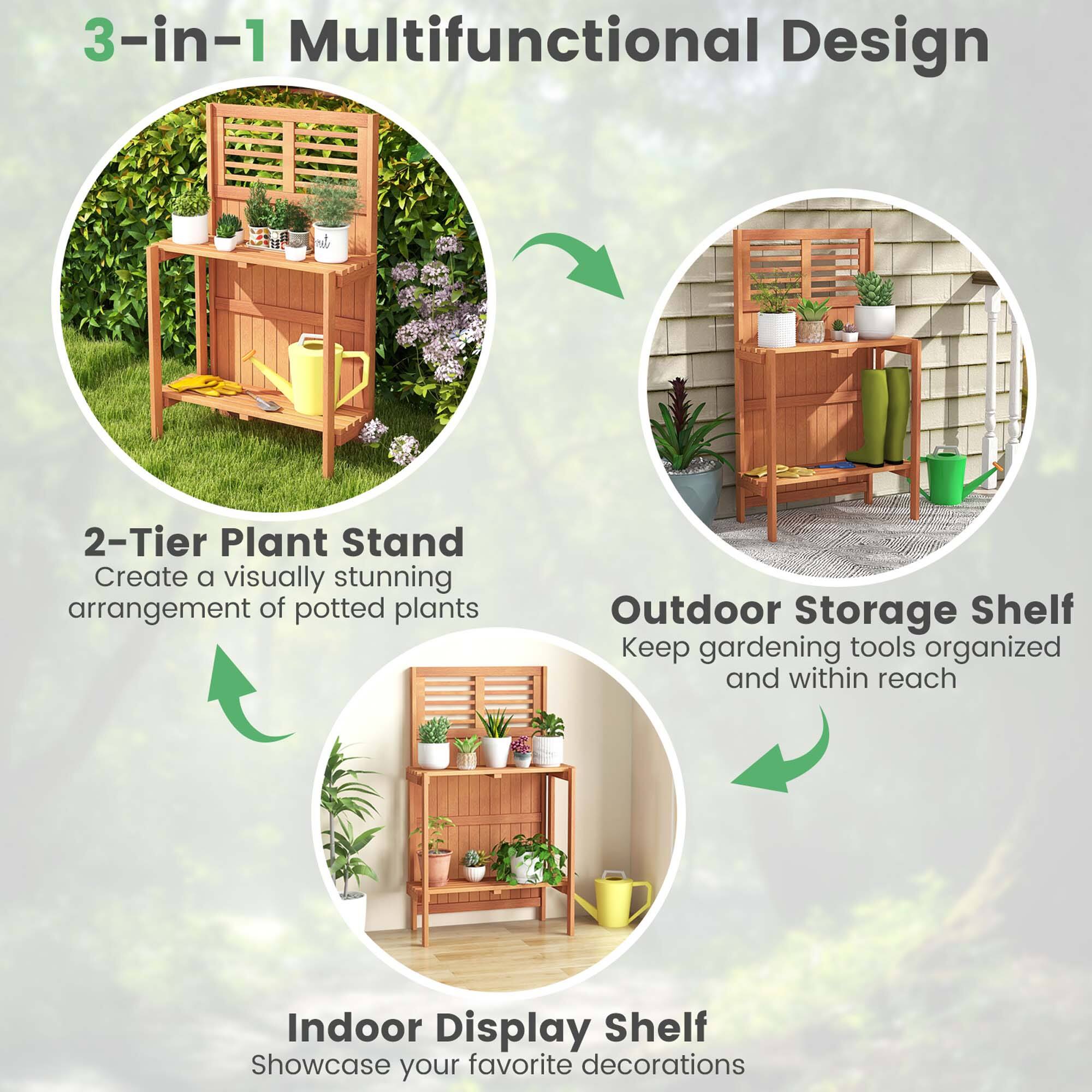 3-in-1 Multifunctional Design:

* Create a visually stunning arrangement of potted plants
* Outdoor Storage Shelf:
	+ Keep gardening tools organized and within reach
* Indoor Display Shelf:
	+ Showcase your favorite decorations

This text is grouped and corrected to provide a clear and concise description of the 3-in-1 multifunctional design.