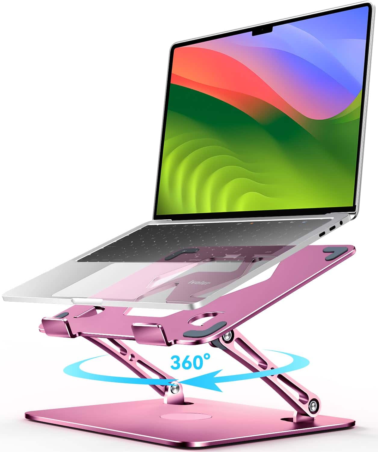 HongFei - Adjustable Laptop Stand with 360° Rotating Base, Ergonomic, Foldable & Portable, Fit MacBook Laptops up to 16 inches - Pink