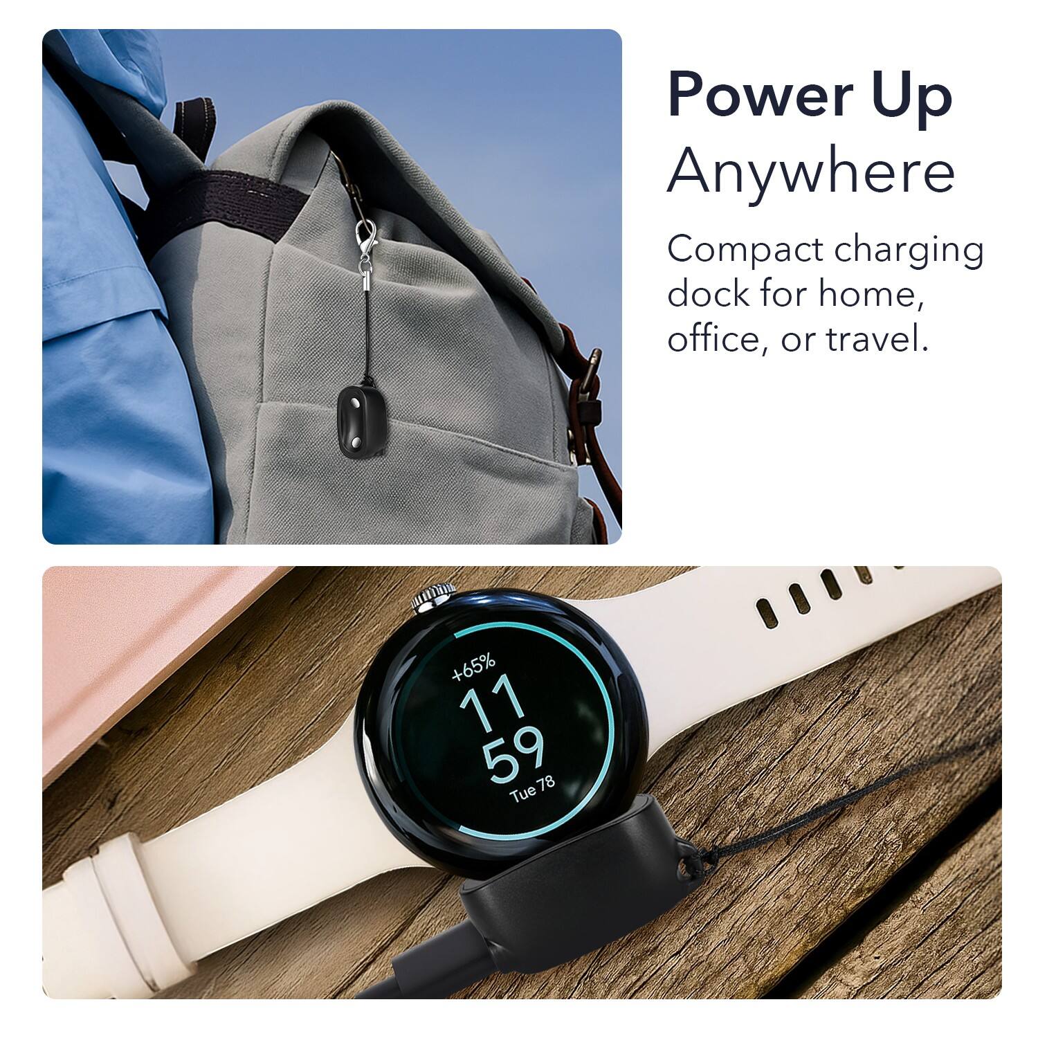 Power Up Anywhere  
Compact charging dock for home, office, or travel.  

+65%  
11:59  
Tue 78