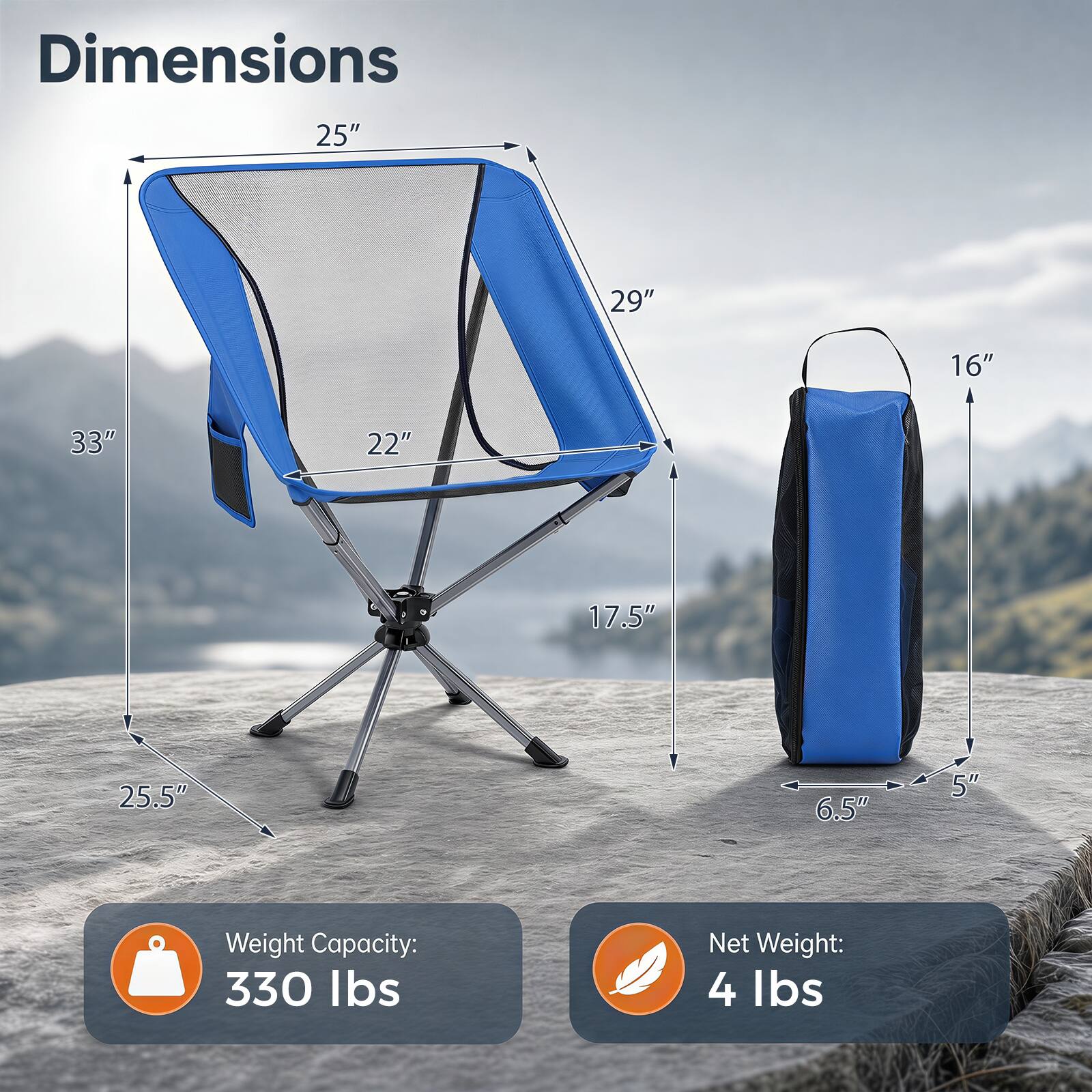 Dimensions: 25" x 29" x 16" x 33" x 22" x 17.5" x 25.5" x 6.5" x 5"  
Weight Capacity: 330 lbs  
Net Weight: 4 lbs