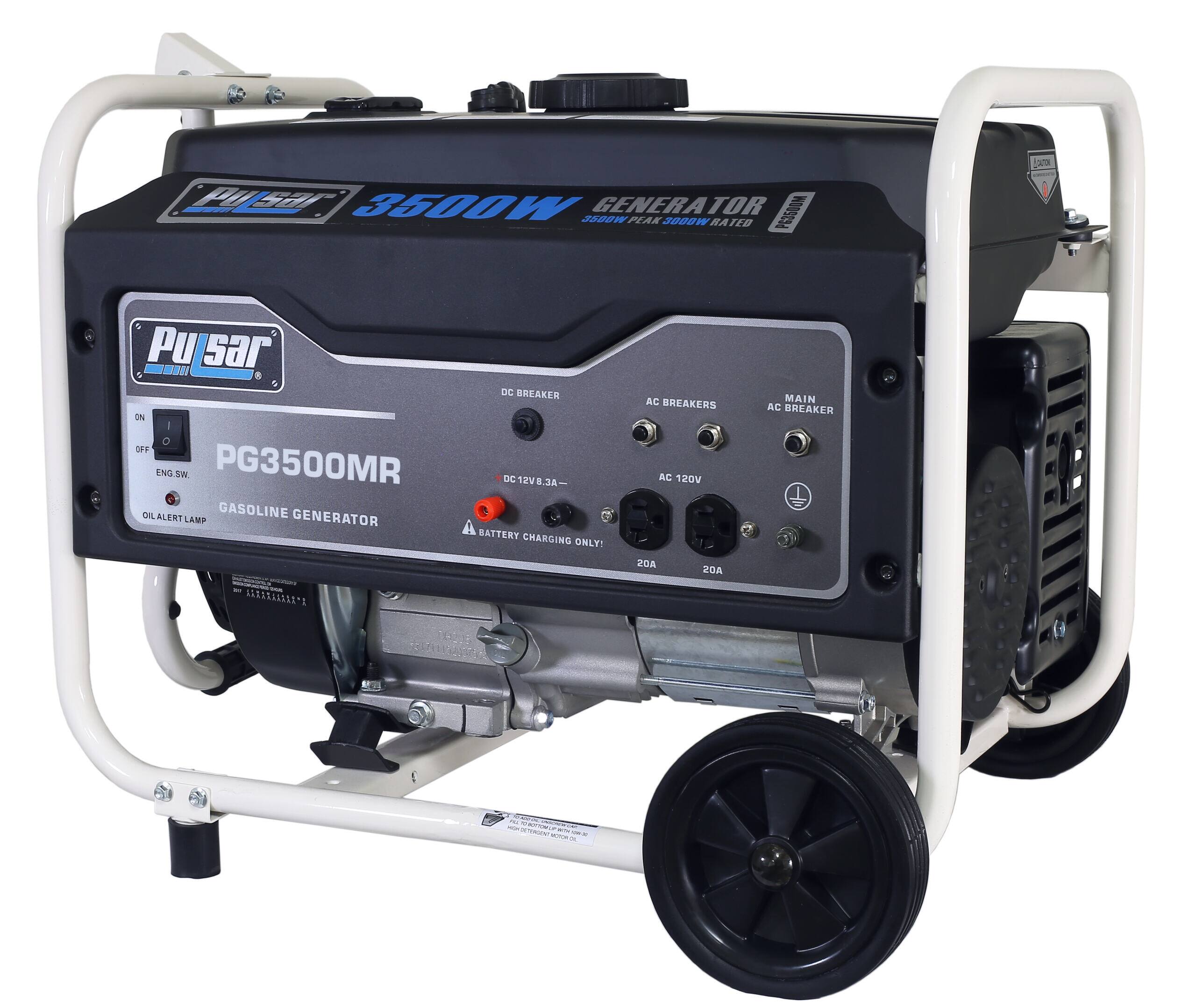 Pulsar PG3500MR  
3500W GENERATOR  
GASOLINE GENERATOR  
DC BREAKER ON/OFF  
DC 12V8.3A  
DC ALERT LAMP  
AC BREAKERS  
AC 120V  
MAIN AC BREAKER  
20A  
BATTERY CHARGING ONLY