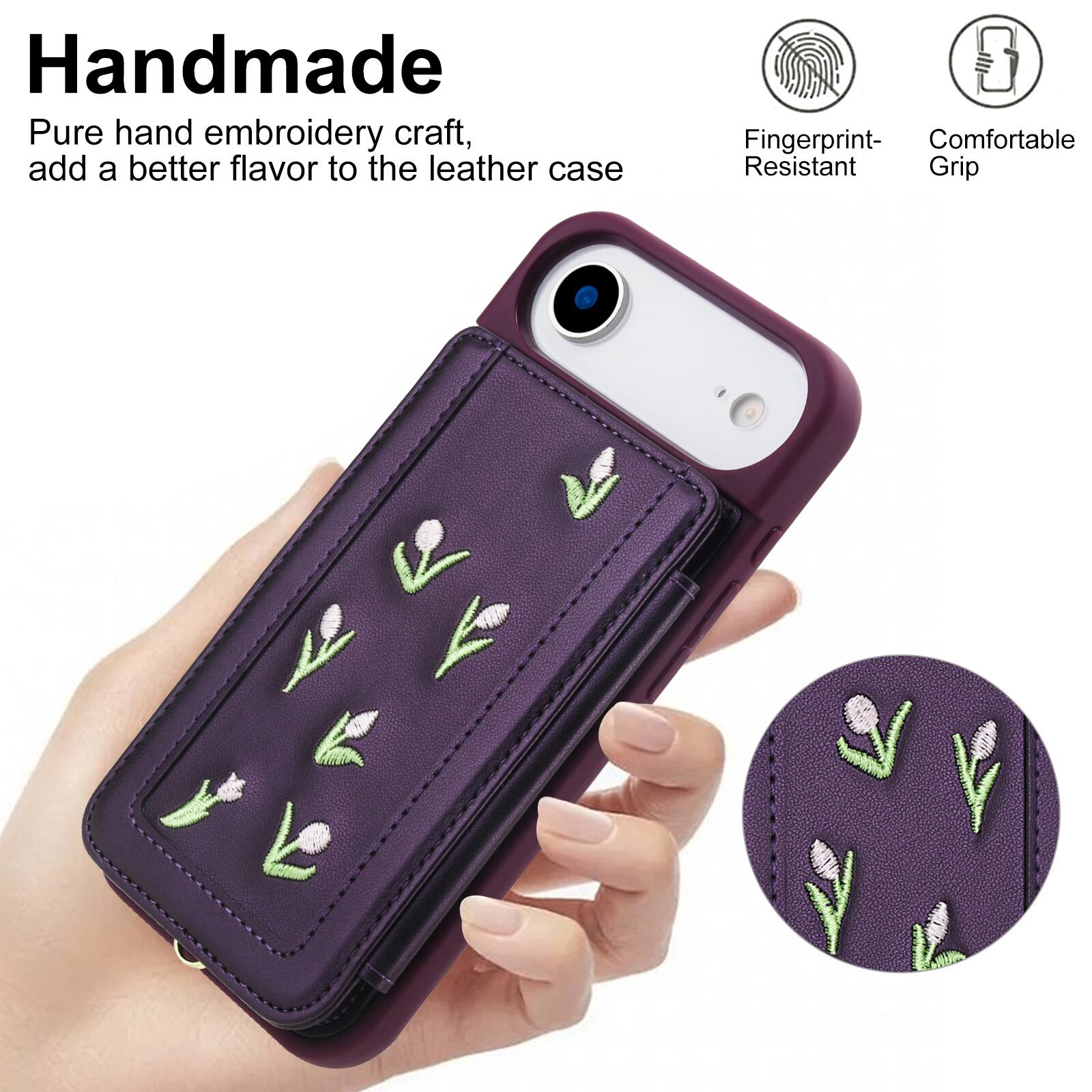 Handmade  
Pure hand embroidery craft, add a better flavor to the leather case  
3 Fingerprint- Comfortable Resistant Grip