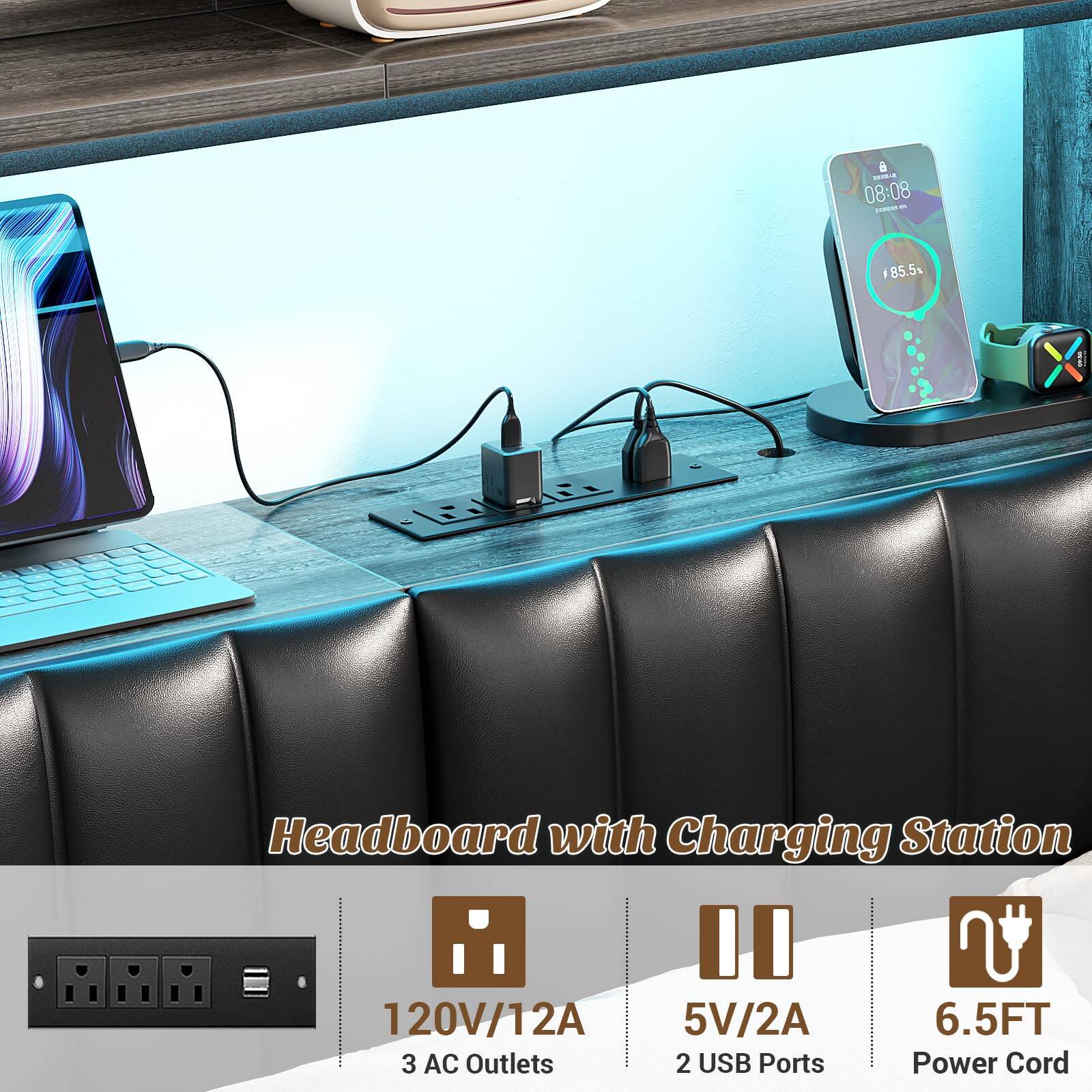 08:08 - 85.5% Headboard with Charging Station  
120V/12A  
3 AC Outlets  
5V/2A  
2 USB Ports  
6.5FT Power Cord