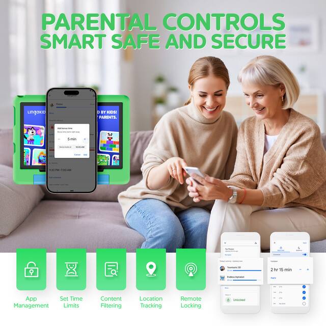 PARENTAL CONTROLS SMART SAFE AND SECURE

Lingokid
BY KIDS! FOR PARENTS.

Add time limit
5 min
10:06 AM
9:30 PM - 7:00 AM

App Management
Set Time Limits
Content Filtering
Location Tracking
Remote Locking

Sponsored 10
2 hr 15 min
Index Alphabet