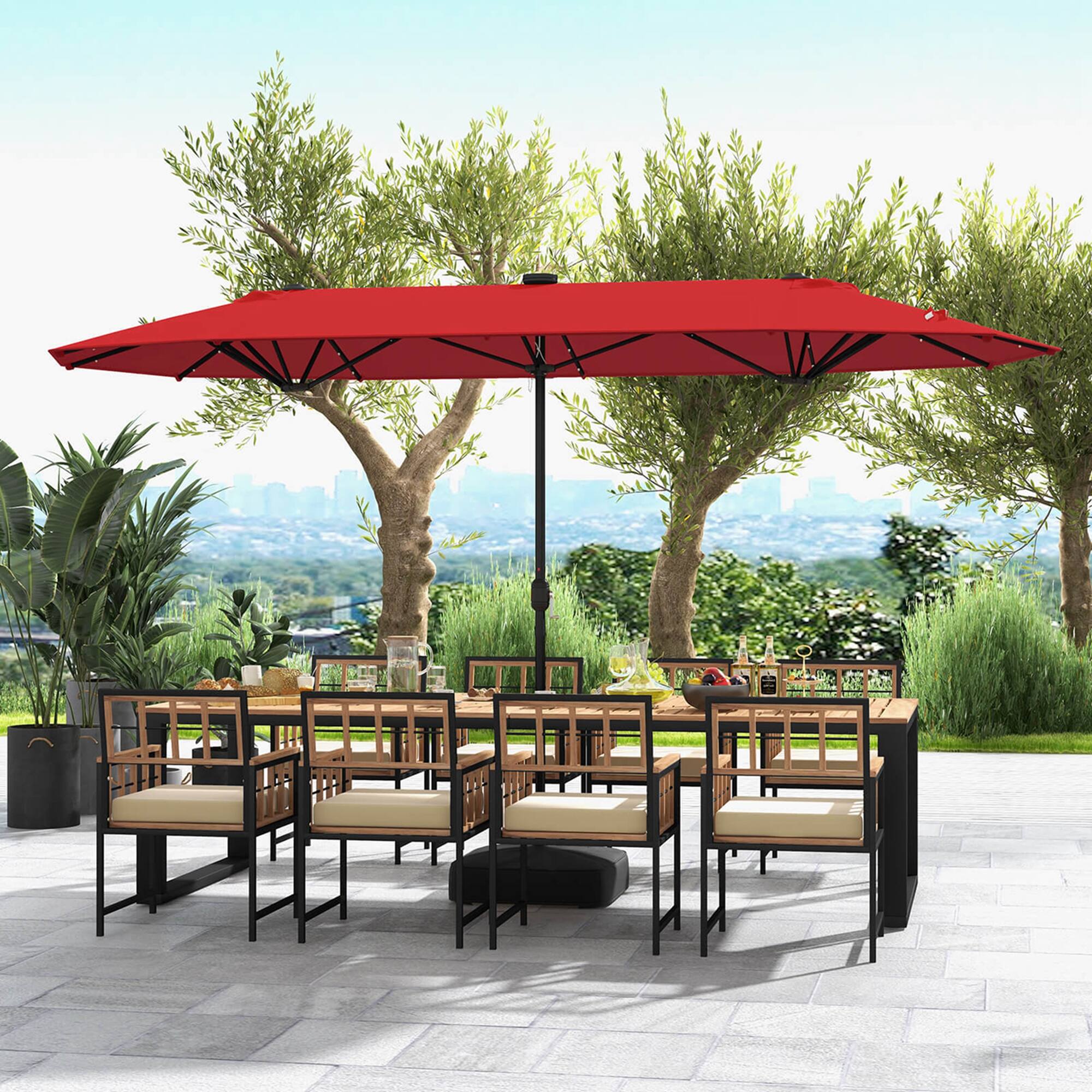 Alt View 3. Costway - Costway 13FT Double-sided Patio Umbrella with Solar Lights Crank Handle Umbrella Base - Wine.