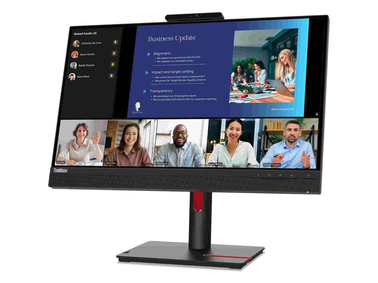 Raised hands (4)  
Charlotte de Crum  
Aaron Buxton  
Babek Shamas  
Kayo Miwa  

Business Update  
Alignment  
- We aligned our operations with the SDG.  
- We updated our materiality study.  

Impact and target setting  
- We conducted an initial impact measurement.  
- We joined the Target Gender Equality initiative.  

Transparency  
- We developed our first progress report.  
- We incorporated ESG factors into our quarterly reporting.  

Marchio  
ThinkVision  
Claire Doe  
Mam Ca  
Charles Gooper