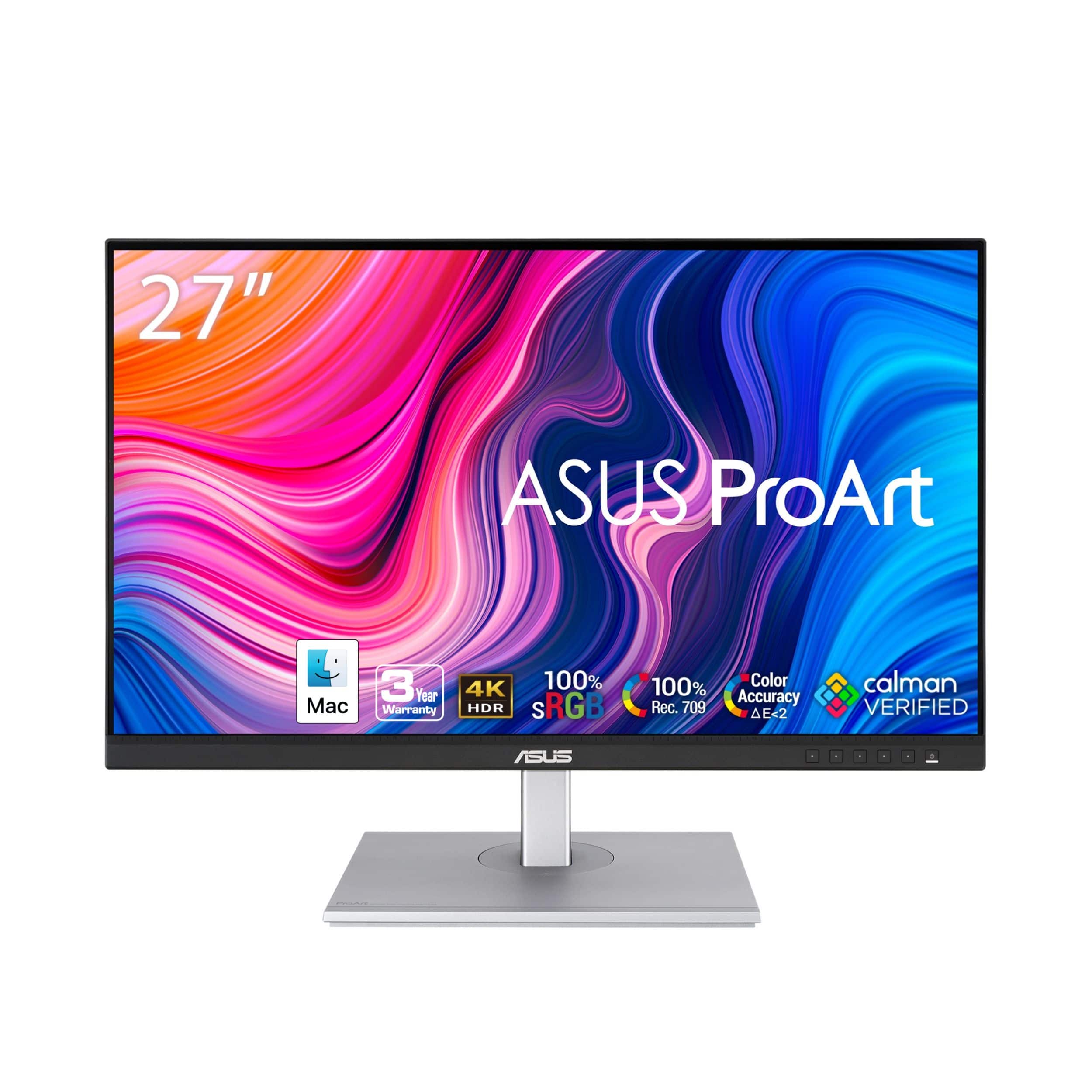 The text on the image reads: "27" ASUS ProArt Mac 3va Year Warranty 4K 100% HDR SRGB 100% Color Accuracy Rec. 709 E<2 calman VERIFIED ASUS."