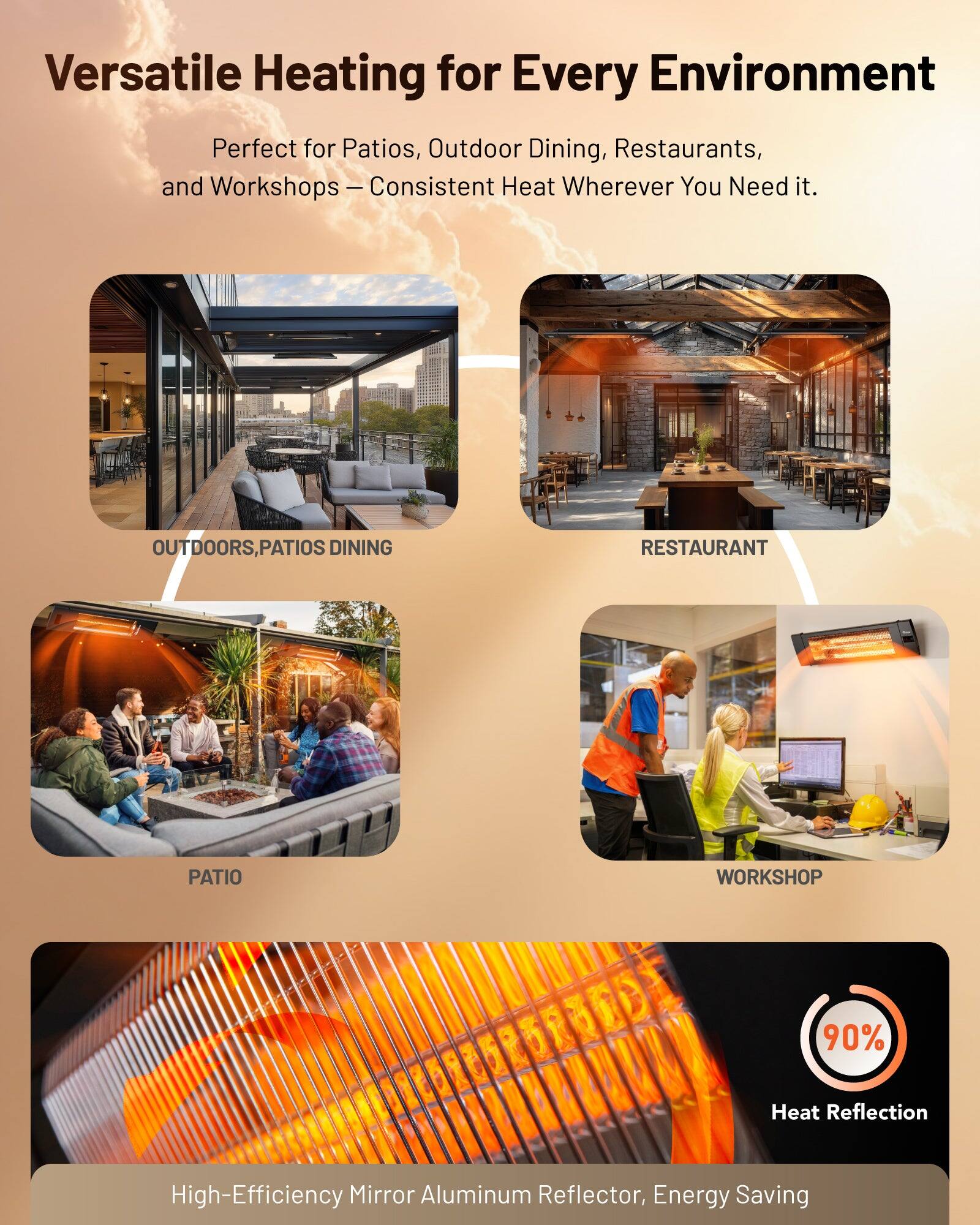 Versatile Heating for Every Environment  
Perfect for Patios, Outdoor Dining, Restaurants, and Workshops – Consistent Heat Wherever You Need it.

OUTDOORS, PATIOS DINING  
RESTAURANT  
PATIO  
WORKSHOP  

90% Heat Reflection  
High-Efficiency Mirror Aluminum Reflector, Energy Saving