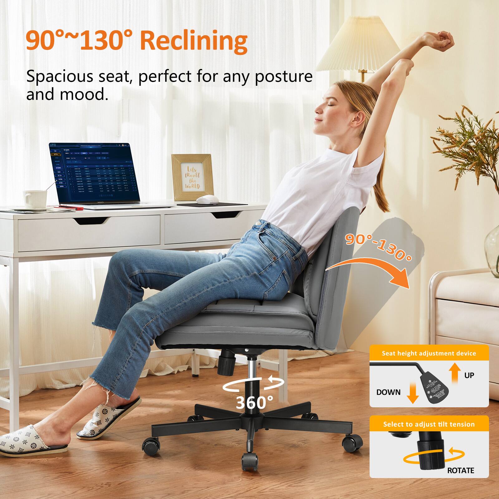 The image features a woman sitting on a chair with a laptop on a desk in front of her. The chair is described as a 90-130 Reclining chair, which offers a spacious seat and is perfect for any posture and mood. The chair also has a seat height adjustment device, allowing the user to adjust the height to their preference. Additionally, the chair has a 360 DOWN and + P - UP feature, which allows the user to adjust the tilt tension and rotate the chair for added comfort and support.