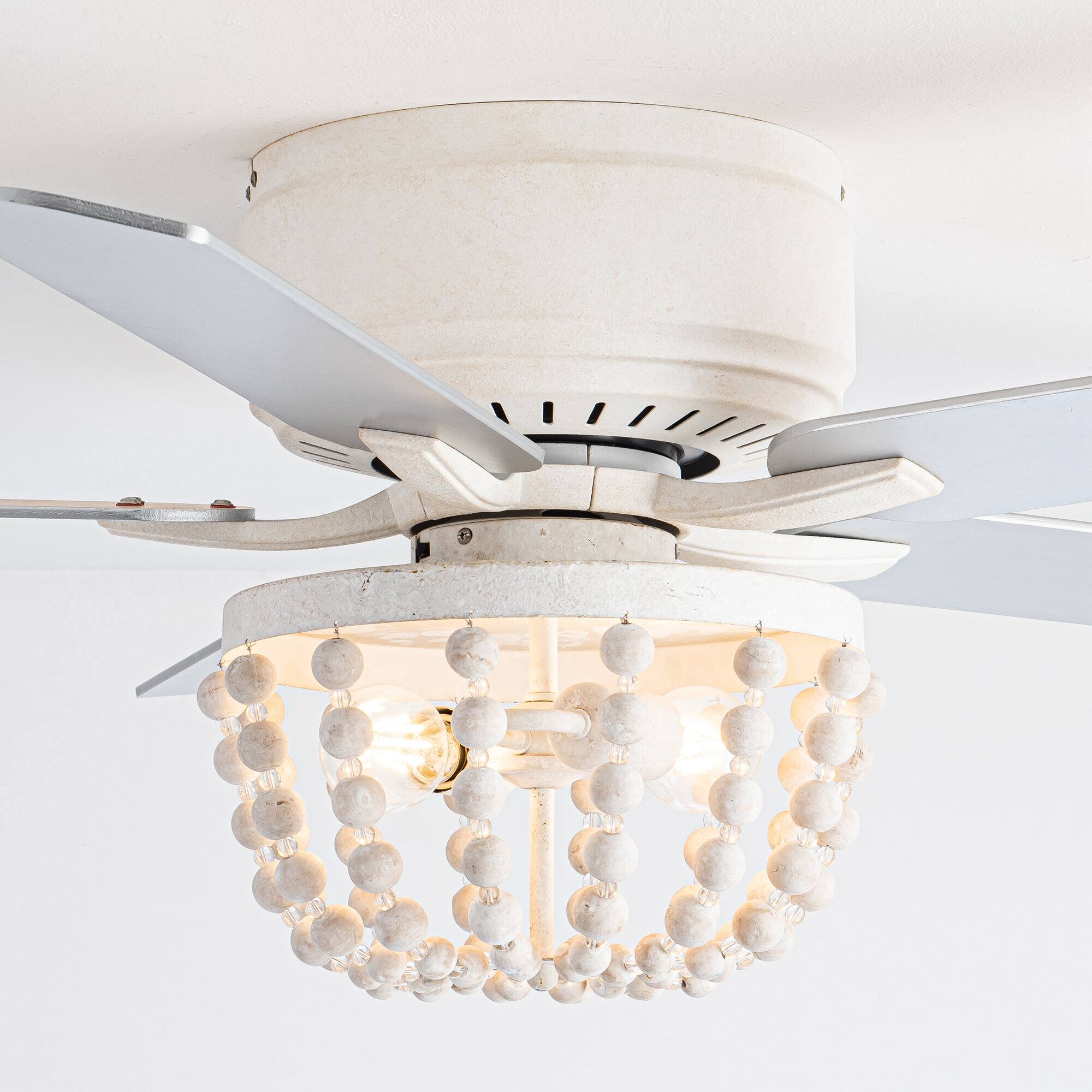 Alt View 5. Parrot Uncle - 48" Farmhouse Flush Mount Ceiling Fan with Light and Remote, White/Wood Grain Blades - Weathered Vintage White.