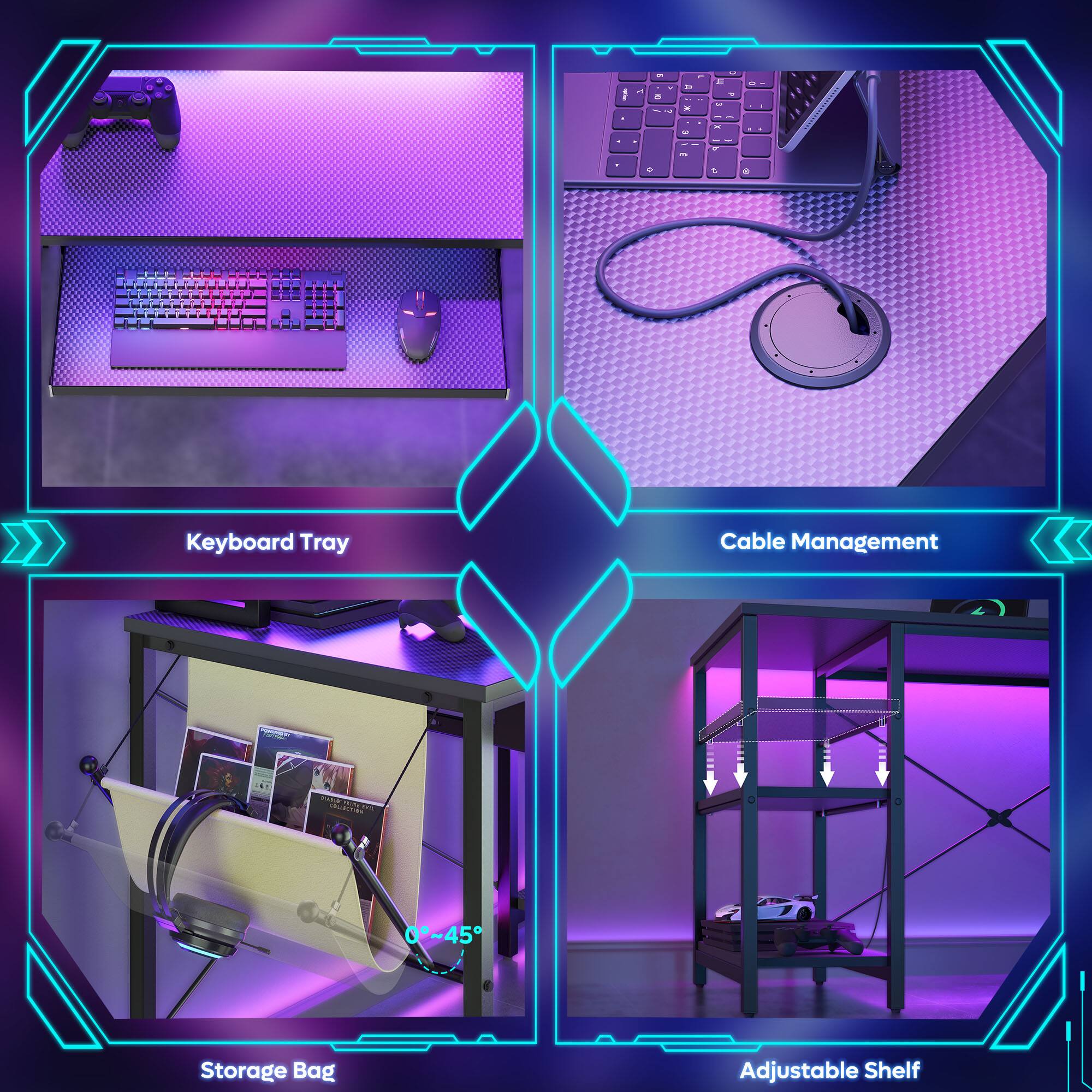 1. Keyboard Tray
2. Cable Management
3. Carrying Case
4. Adjustable Shelf
5. Storage Bag