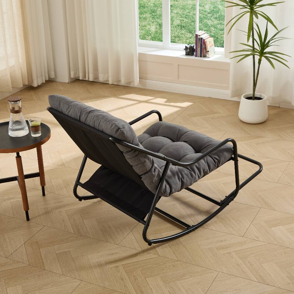Alt View 6. Loheer - Loheer Outdoor Rocking Chair with Thick Grey Cushion, Modern Black Steel Frame Patio Rocker for Living Room and Bedroom - Grey.