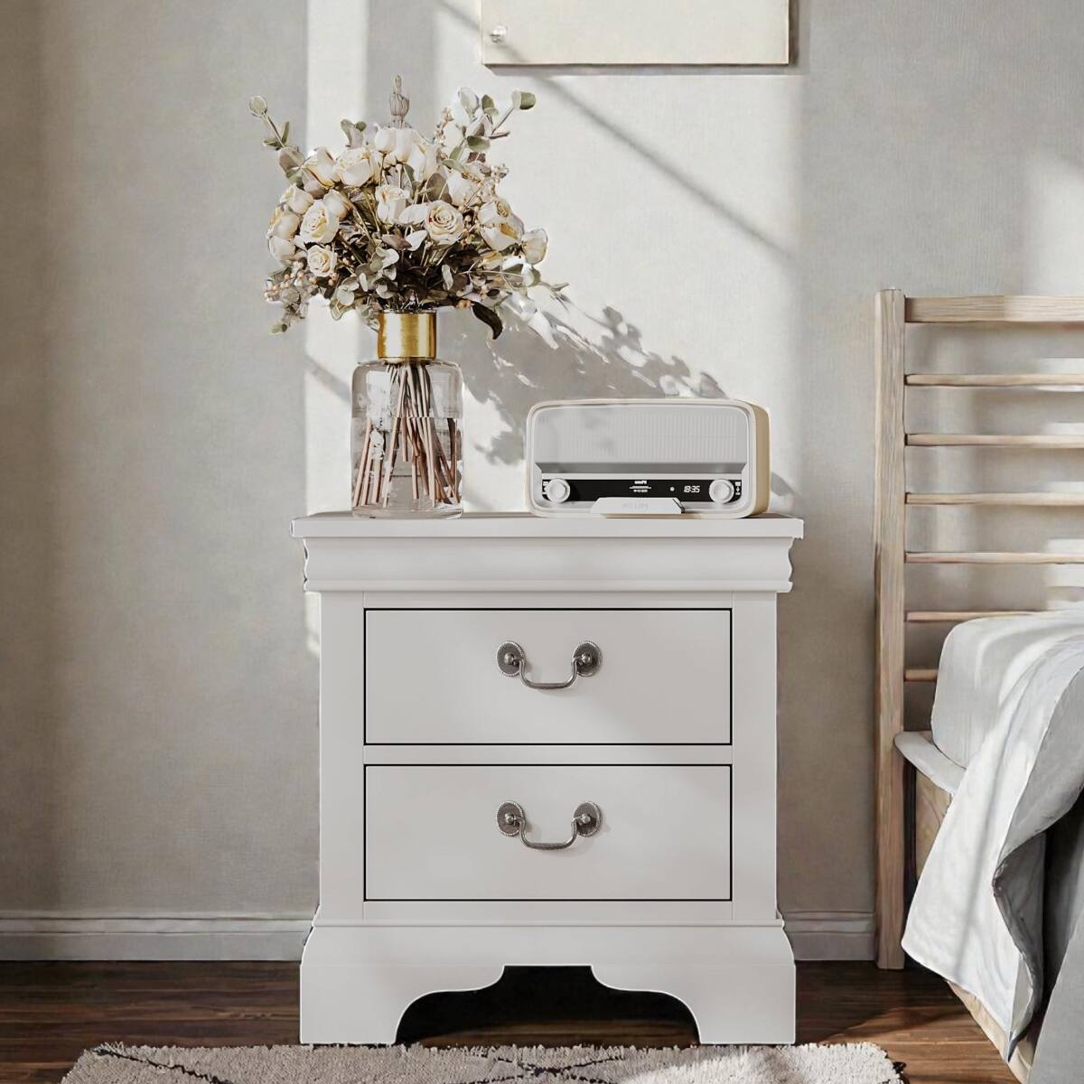 Alt View 4. Loheer - Loheer White Wooden Nightstand, Two Drawers, Classic Style - White.