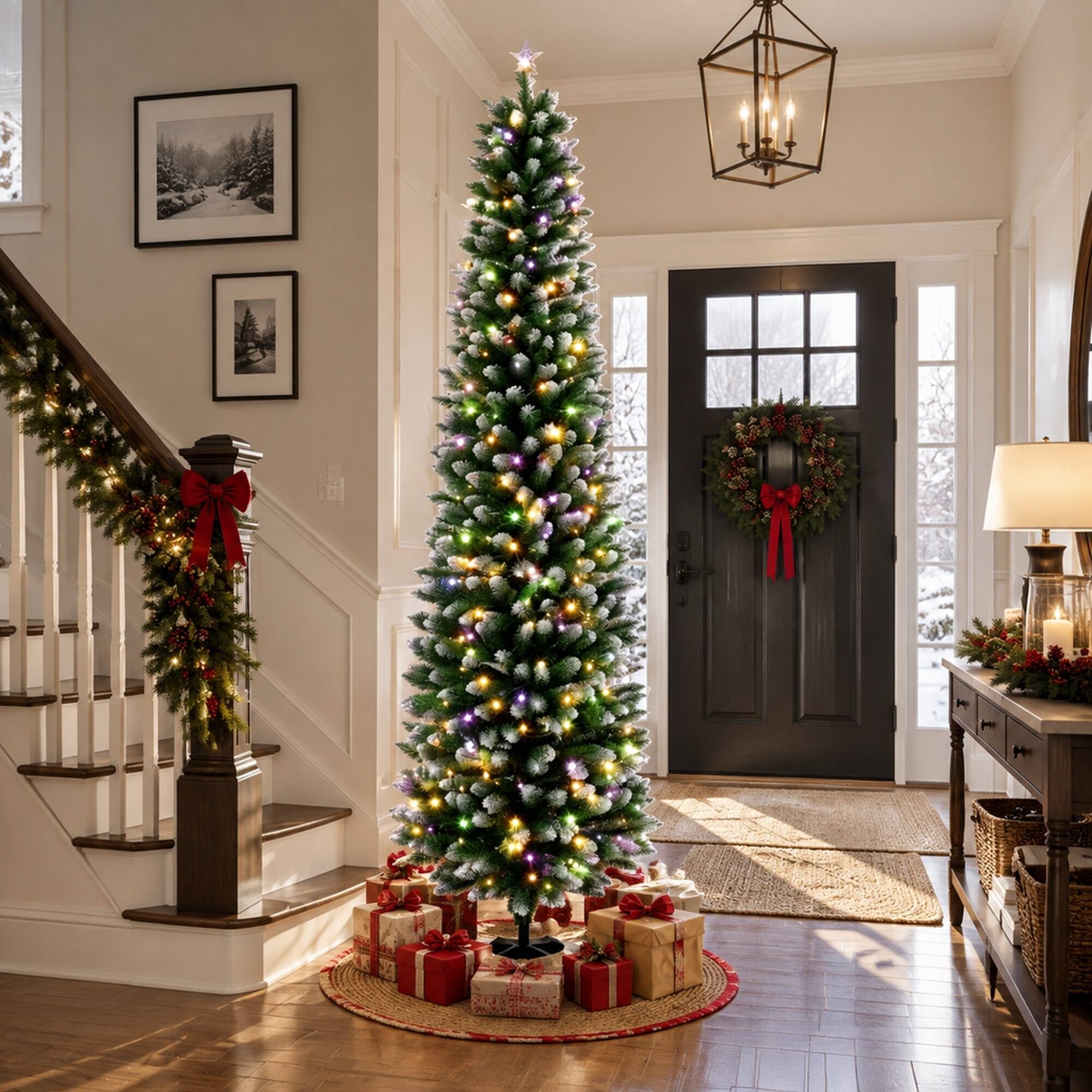 Alt View 1. RYHNUYNE - 8FT Pre-Lit Flocked Pencil Christmas Tree With Dual-Color Green White LED Lights and Remote, 11 Modes - Green,White.