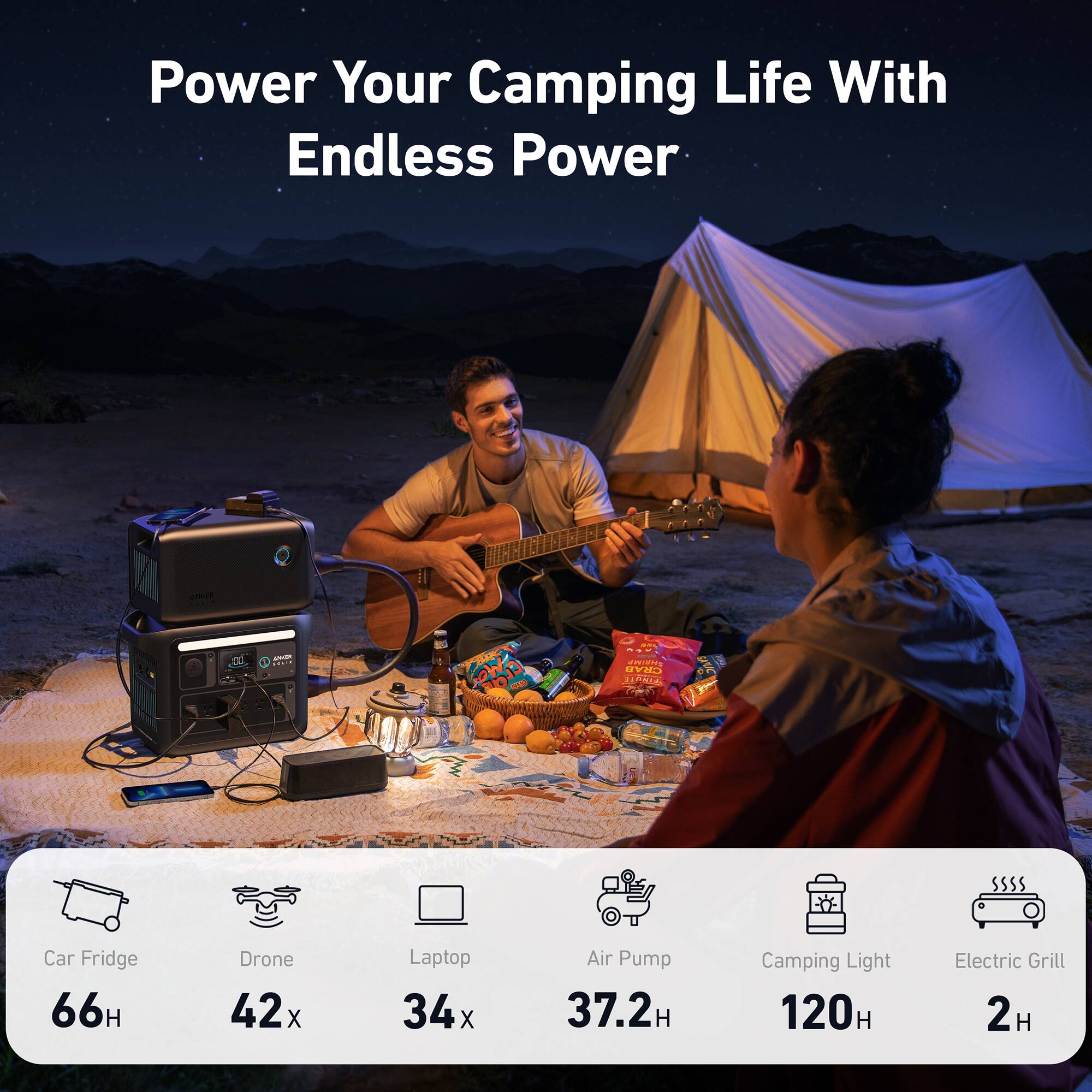 Power Your Camping Life With Endless Power

- Car Fridge: 66H
- Drone: 42x
- Laptop: 34x
- Air Pump: 37.2H
- Camping Light: 120H
- Electric Grill: 2H