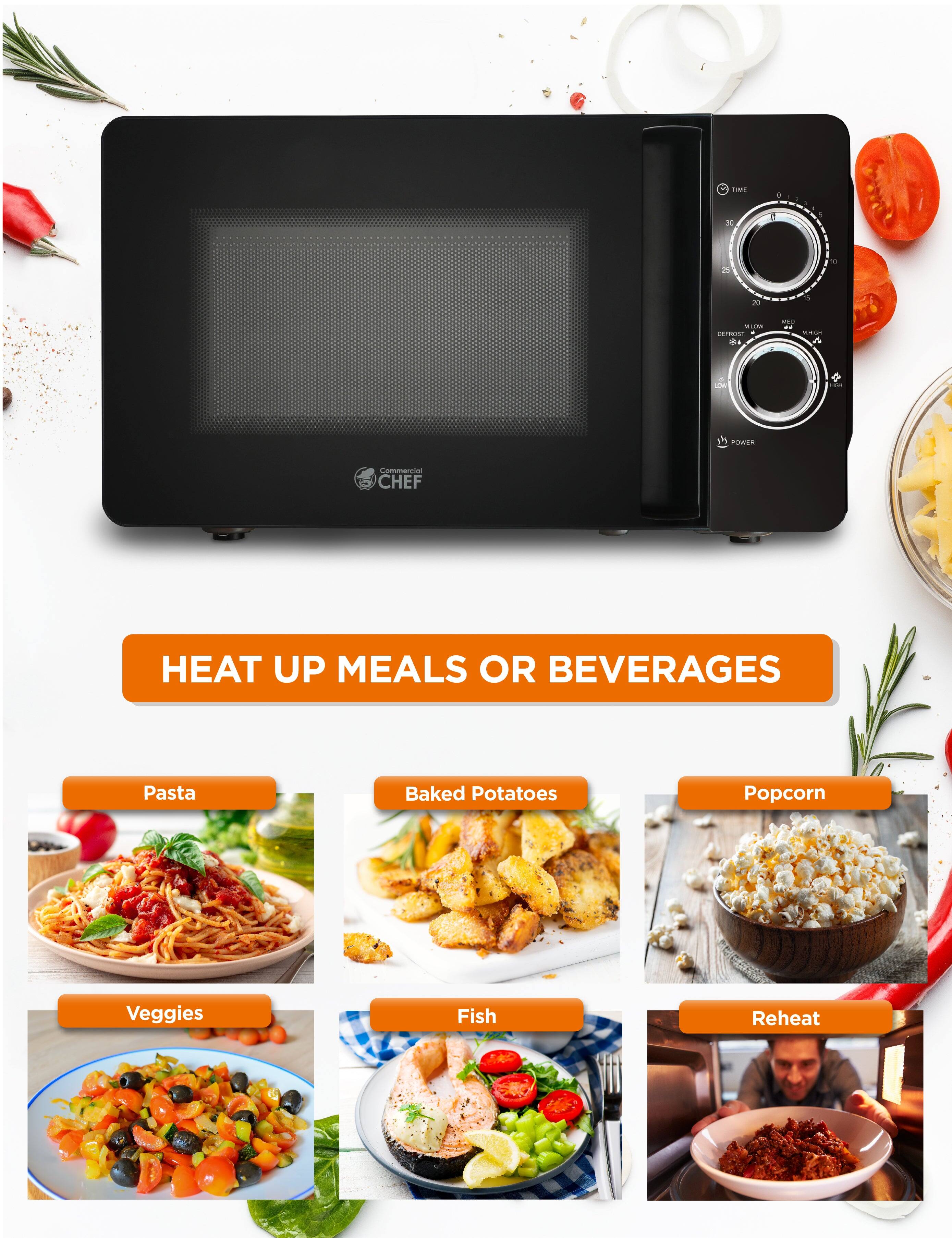 TIE - 30 I 1  H 1 N 2 H -d LEPRLIS da -  --- -  - son -.  POWER Commercial  CHEF HEAT UP MEALS OR BEVERAGES

Pasta
Baked Potatoes
Popcorn
Veggies
Fish
Reheat