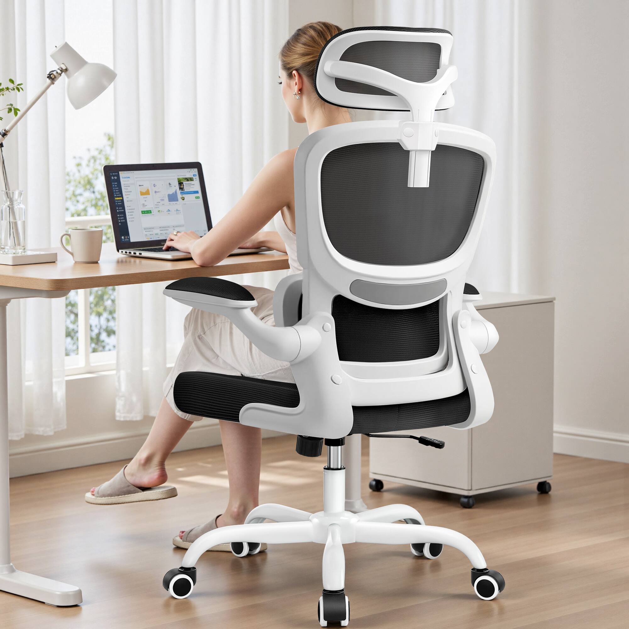 Alt View 5. KERDOM - High Back Ergonomic Office Chair, Breathable Mesh Desk Chair with Lumbar Support, Flip-up Arms, Computer Gaming Chair - White.