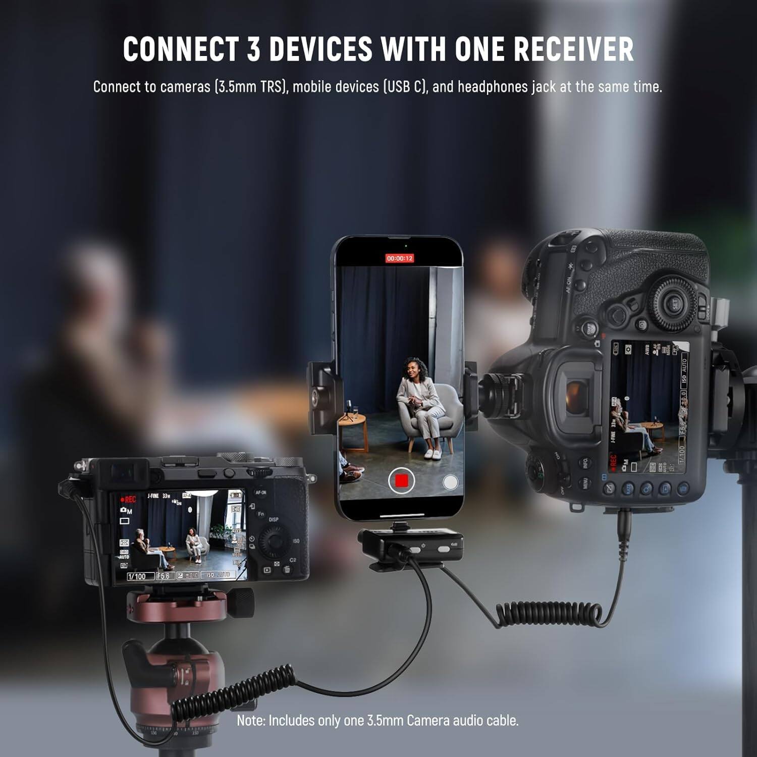 CONNECT 3 DEVICES WITH ONE RECEIVER  
Connect to cameras (3.5mm TRS), mobile devices (USB C), and headphones jack at the same time.  

Note: Includes only one 3.5mm Camera audio cable.