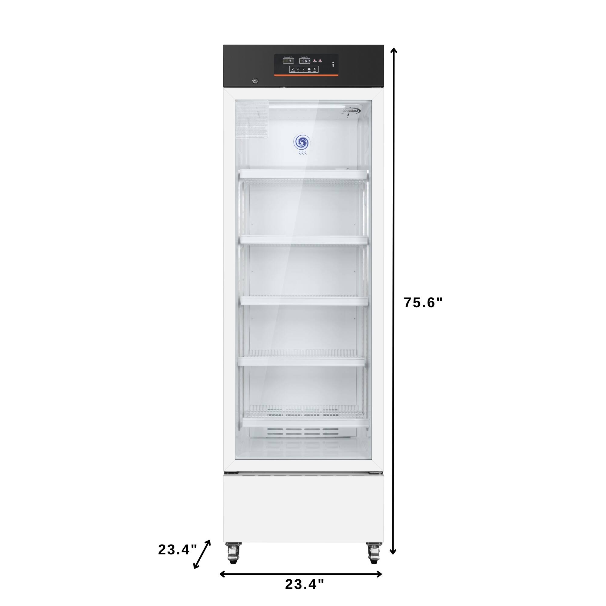 The image shows a refrigerator with a digital display on the top. The refrigerator is 75.6 inches tall and 23.4 inches wide. The display is 23.4 inches wide as well.