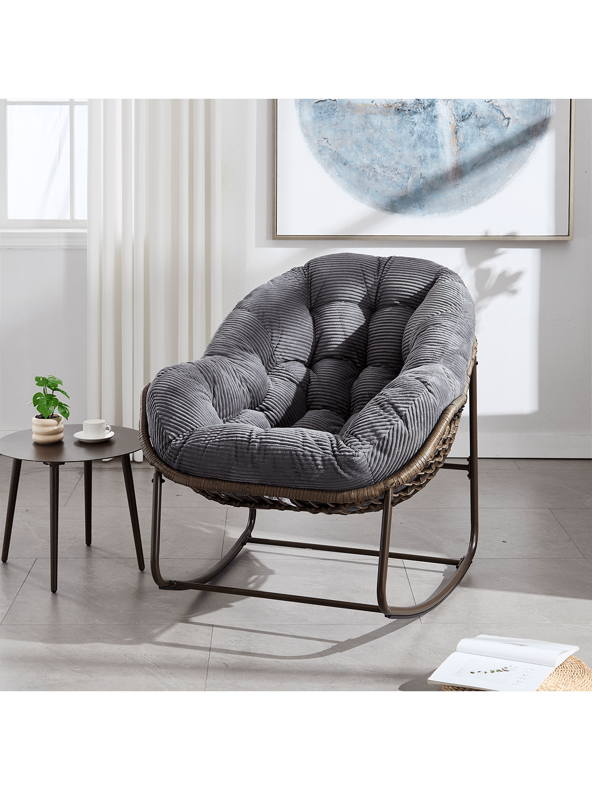 Angle. Trinkets Crazed - Outdoor Indoor Rocking Chair With Padded Cushion, Oversized Patio Papasan Rocking Egg Chair - Gray.