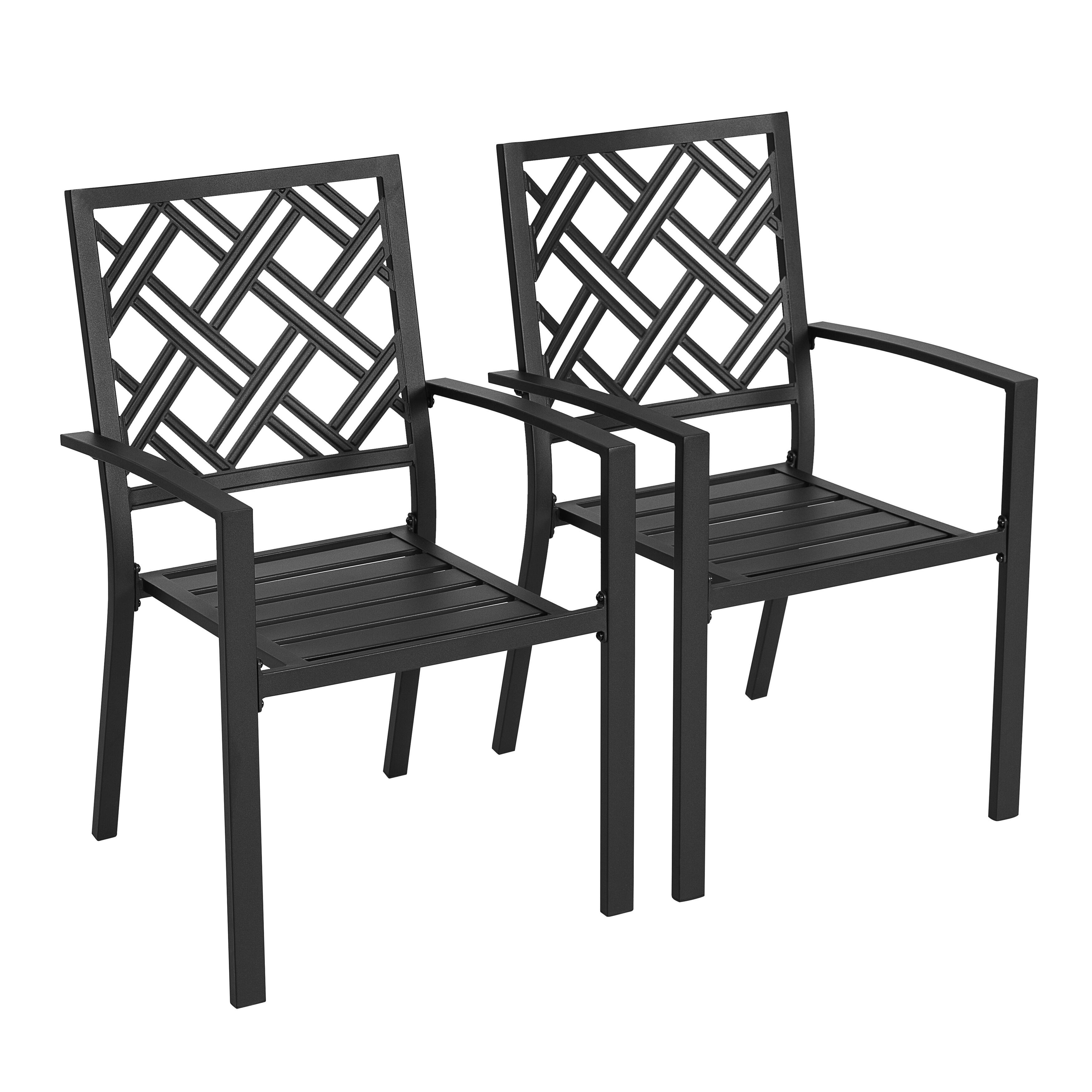 Left. Nuu Garden - Patio 2-Piece Iron Dining Chairs with Slatted Seat and Stackable Design - Black.