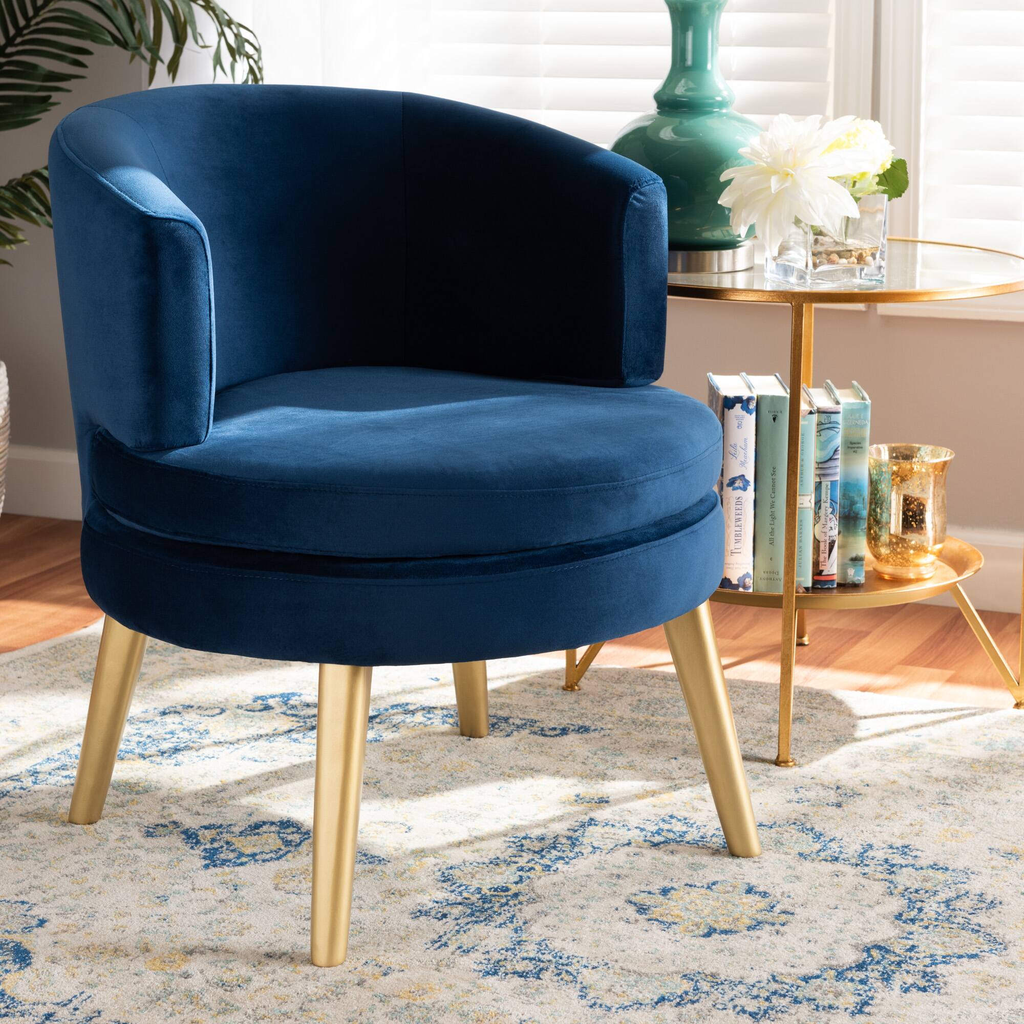 Alt View 2. Baxton Studio - Baptiste Glam and Luxe Velvet Fabric Upholstered and Gold Finished Wood Accent Chair - Navy blue/gold.