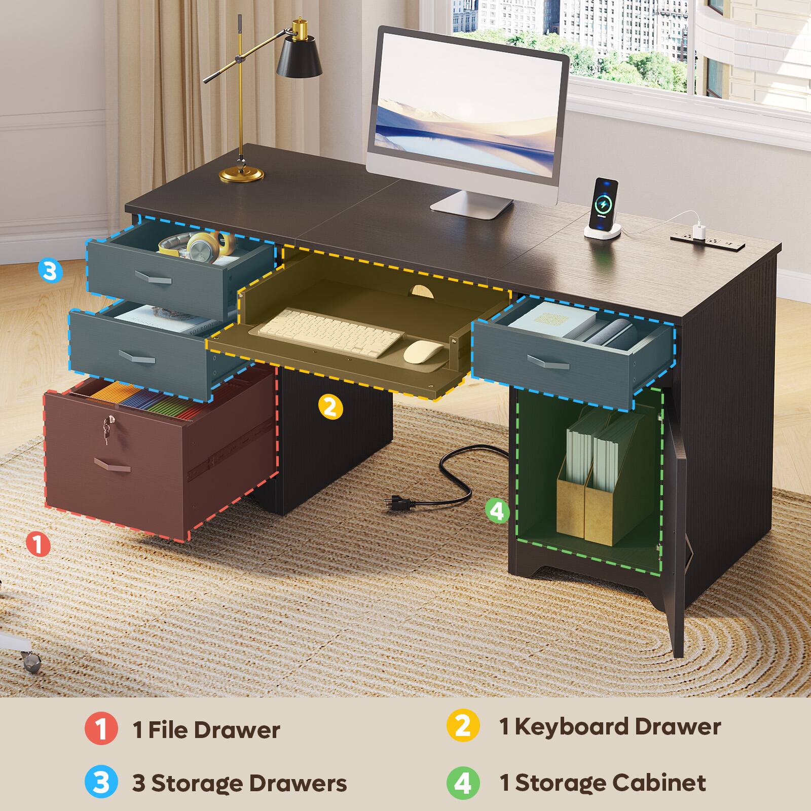 1. 1 File Drawer  
2. 1 Keyboard Drawer  
3. 3 Storage Drawers  
4. 1 Storage Cabinet