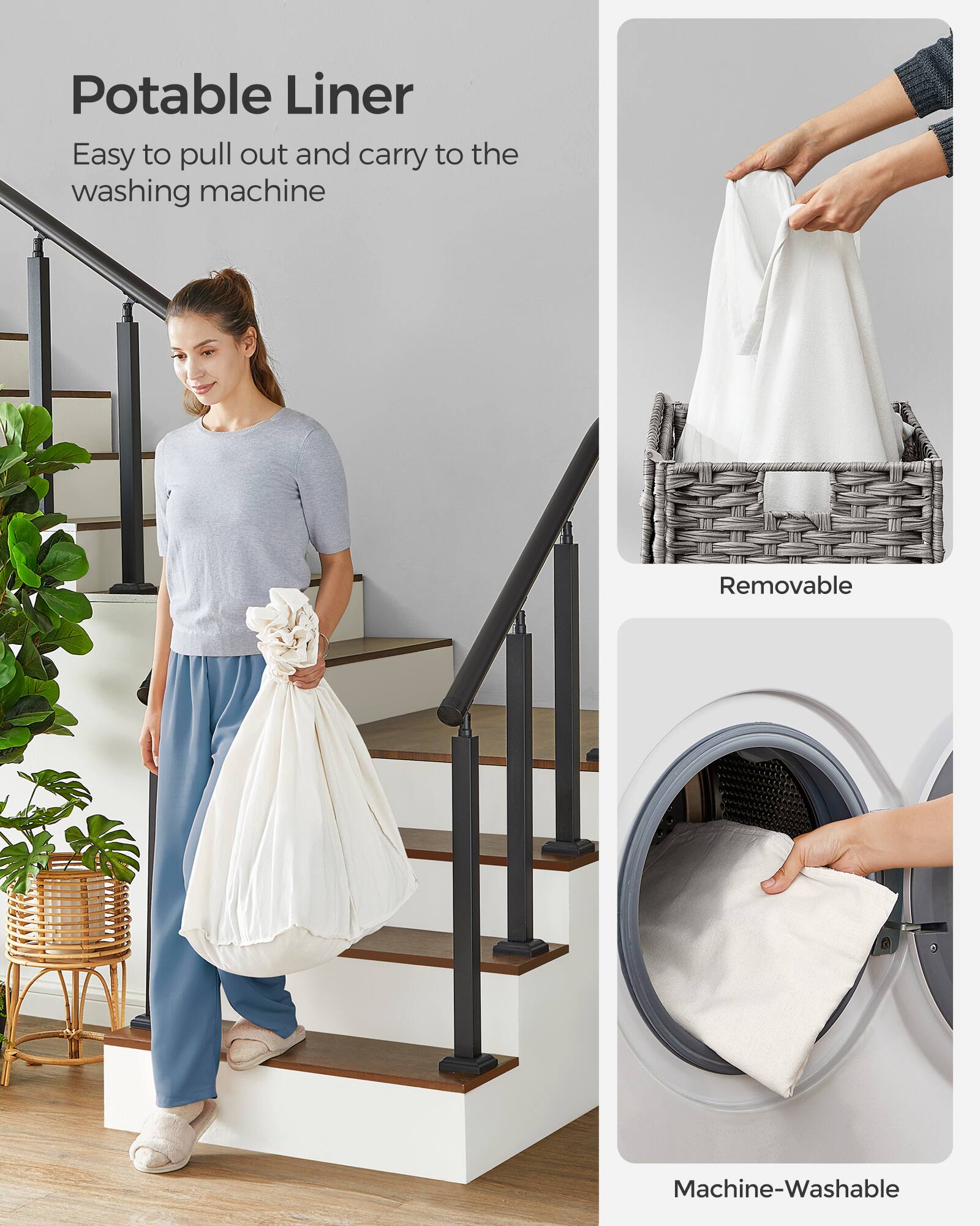 Potable Liner  
Easy to pull out and carry to the washing machine  

Removable  

Machine-Washable