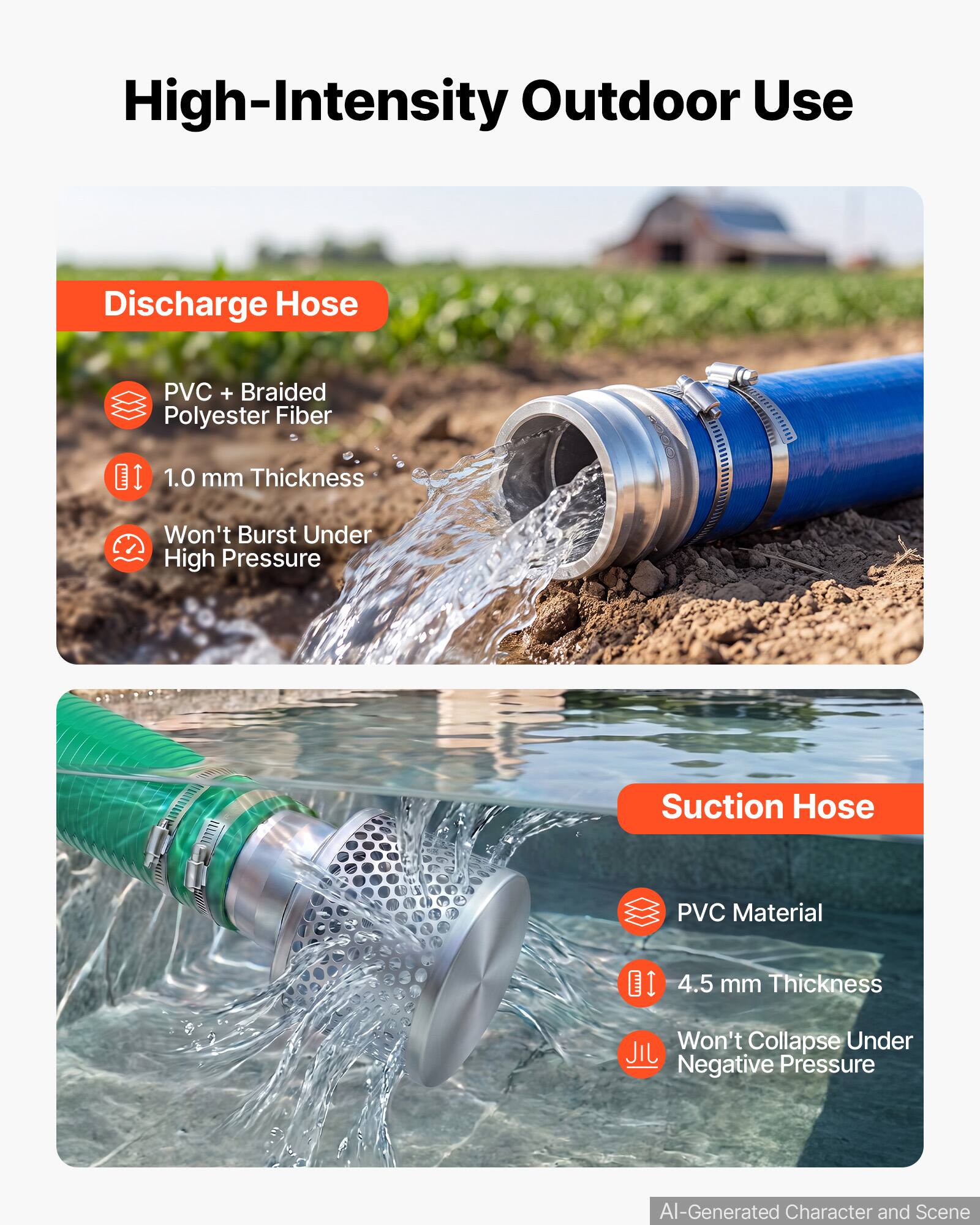 High-Intensity Outdoor Use

Discharge Hose
- PVC + Braided Polyester Fiber
- 1.0 mm Thickness
- Won't Burst Under High Pressure

Suction Hose
- PVC Material
- 4.5 mm Thickness
- Won't Collapse Under Negative Pressure

AI-Generated Character and Scene