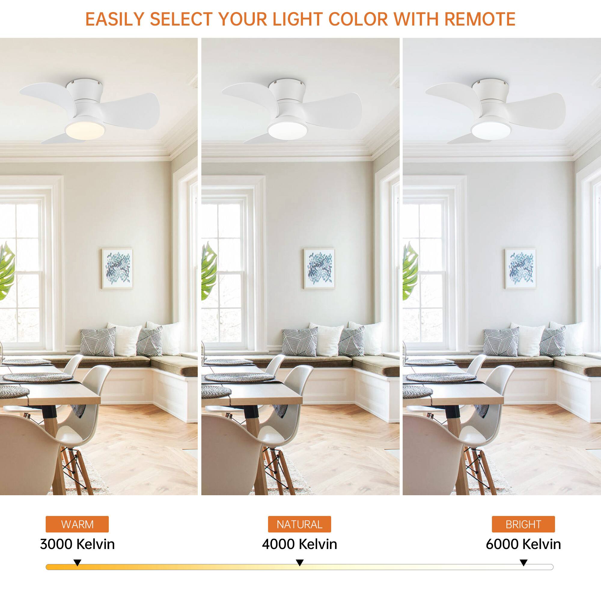 EASILY SELECT YOUR LIGHT COLOR WITH REMOTE

WARM 3000 Kelvin  
NATURAL 4000 Kelvin  
BRIGHT 6000 Kelvin