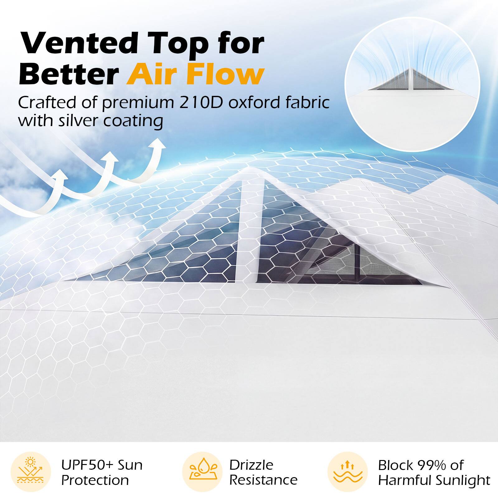 Vented Top for Better Air Flow  
Crafted of premium 210D oxford fabric with silver coating  

UPF50+ Sun Protection  
Drizzle Resistance  
Block 99% of Harmful Sunlight