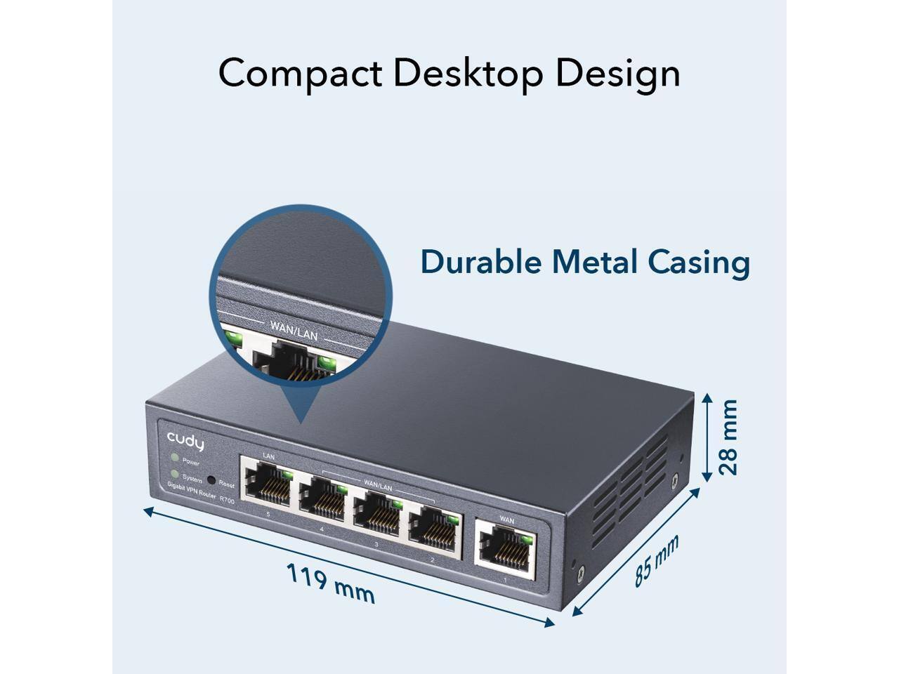 Compact Desktop Design  
Durable Metal Casing  
WAN/LAN  
Power System  
Reboot  
Gigabit VPN Router  
8700  
LAN/WAN  
3  
119 mm  
2 WAN  
85 mm  
28 mm