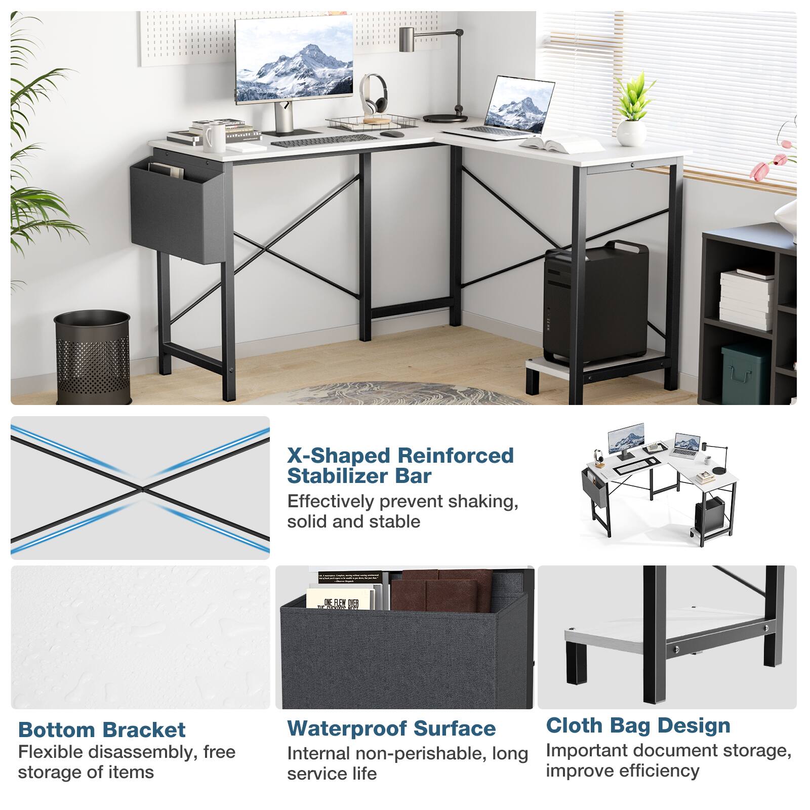 - X-Shaped Reinforced Stabilizer Bar
  - Effectively prevent shaking, solid and stable

- Bottom Bracket
  - Flexible disassembly, free storage of items

- Waterproof Surface
  - Internal non-perishable, long service life

- Cloth Bag Design
  - Important document storage, improve efficiency