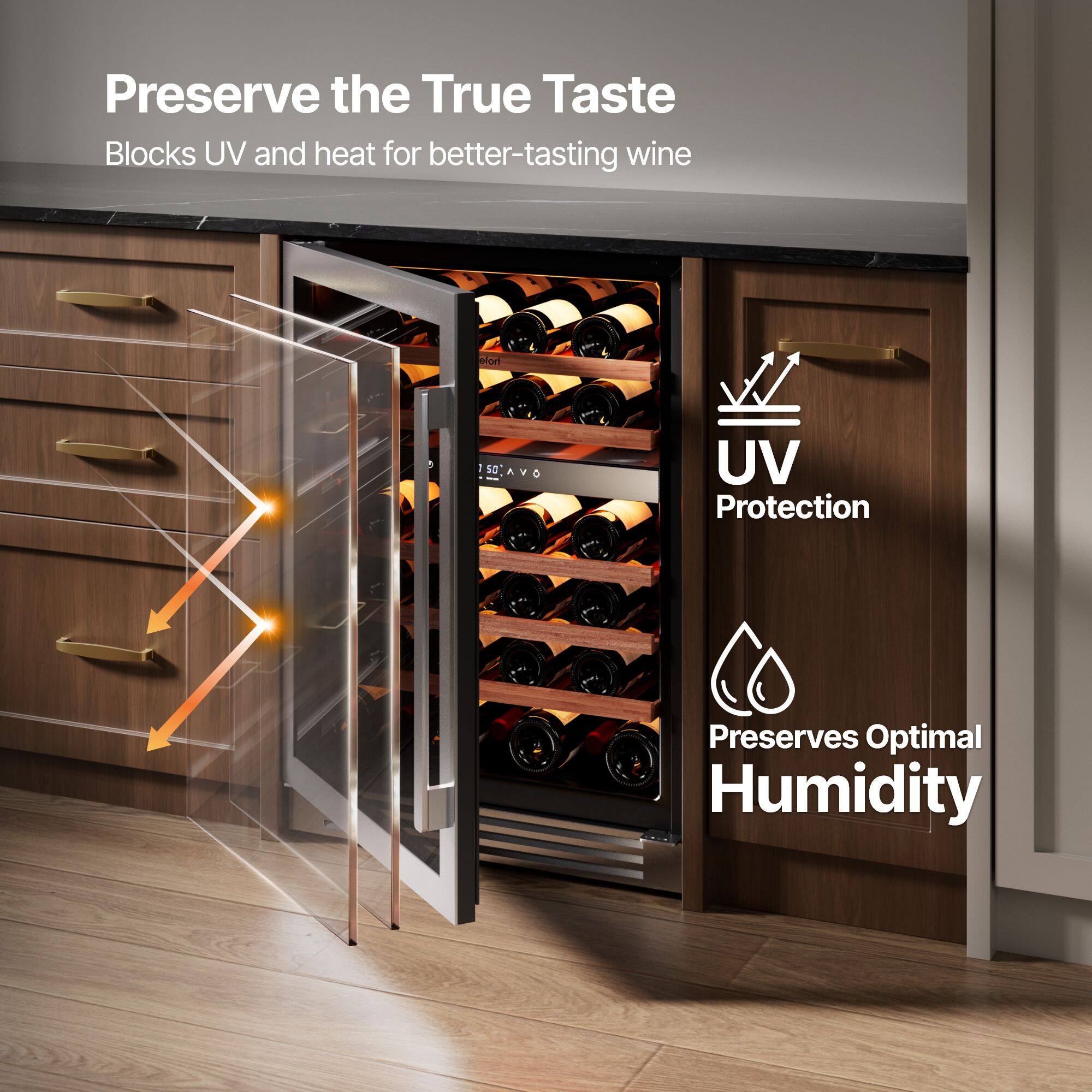 Preserve the True Taste  
Blocks UV and heat for better-tasting wine  

UV Protection  
Preserves Optimal Humidity